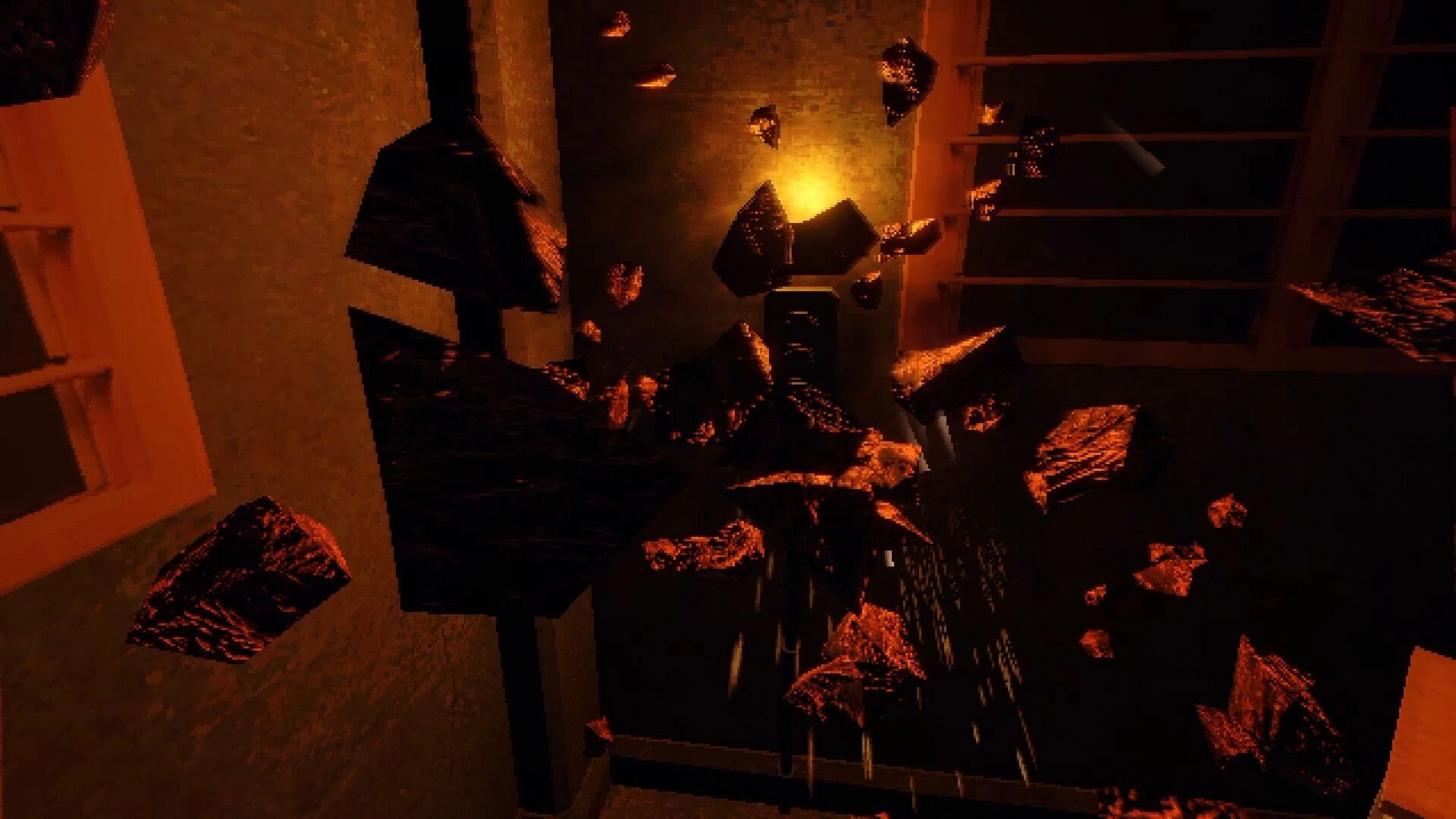 Late Night Duty: Glowing black shards swirl in a dim school hallway beside windows and a cabinet.