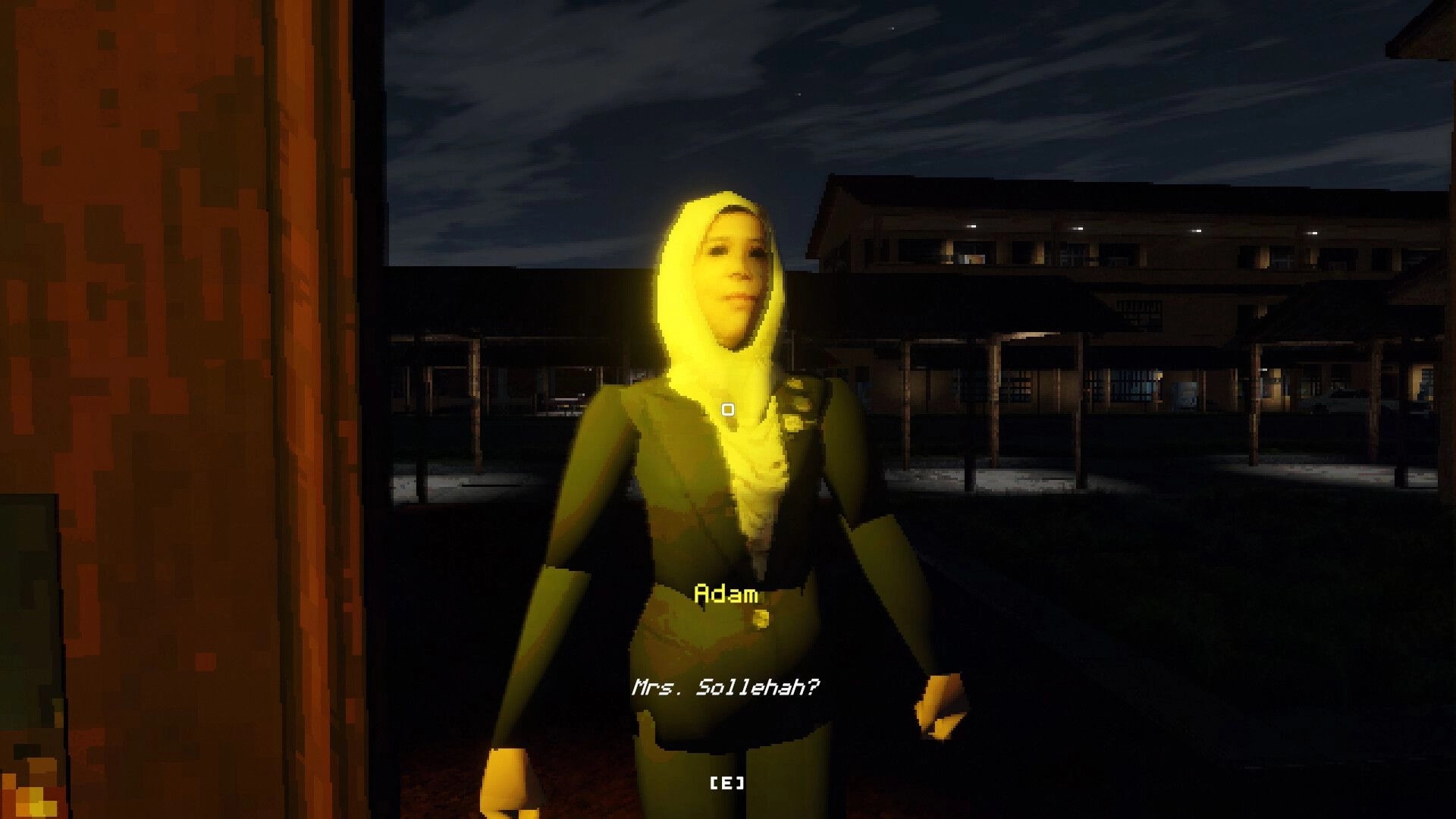 Late Night Duty: Adam speaks to a woman in a hijab outside a dark school courtyard at night, [E] prompt.