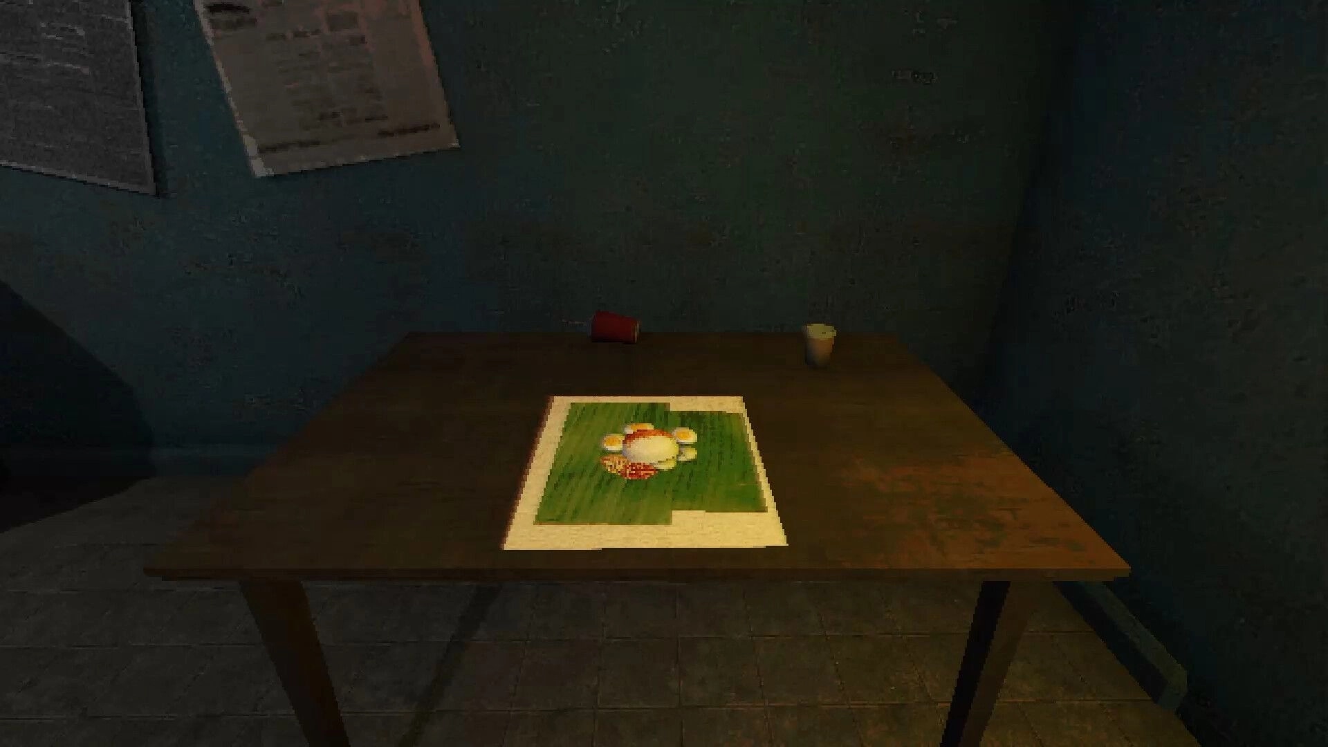 Late Night Duty: Examining a table with food on a banana leaf in a dim school security room.