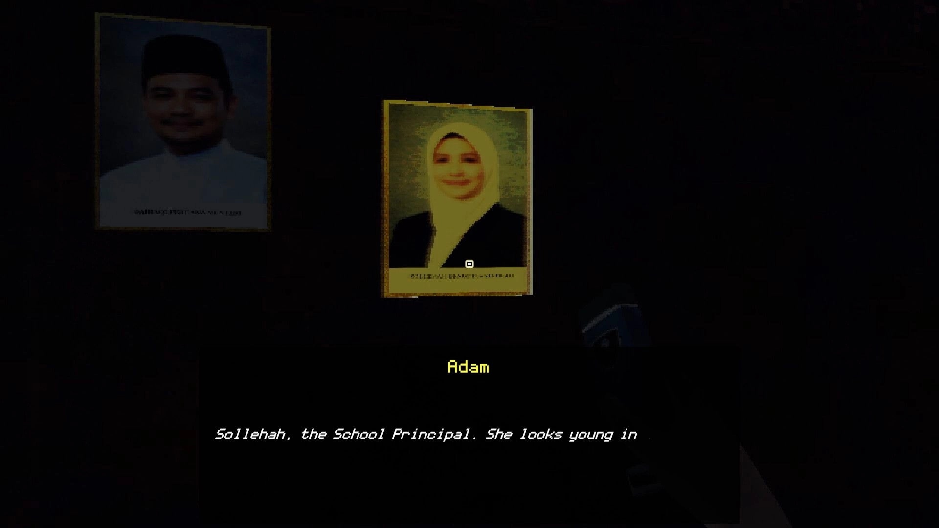 Late Night Duty: Adam reads dialogue while examining framed staff photos on a dark school wall.
