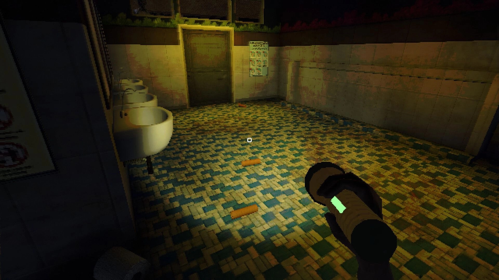 Late Night Duty: Flashlight view with crosshair in grimy tiled school bathroom facing a closed door.