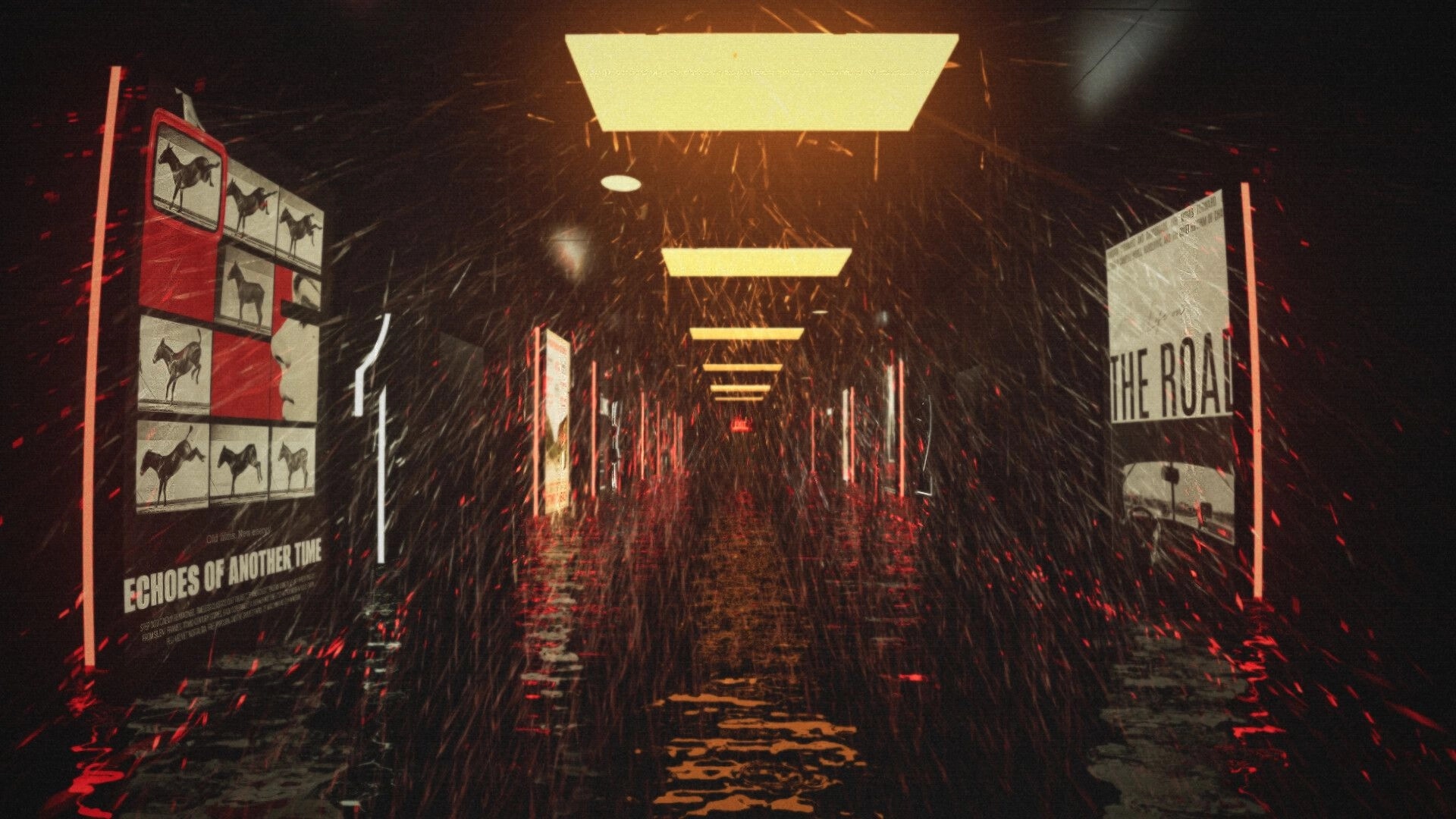 Late Shift: First-person view down cinema hallway with glowing ceiling lights and movie posters amid ash.