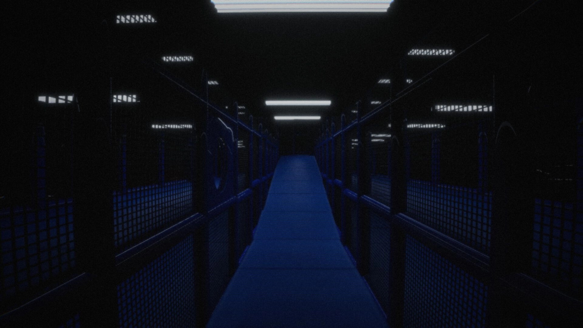 Late Shift: Walking down a blue-lit cinema hallway with flickering labels and scanline effect overlay.