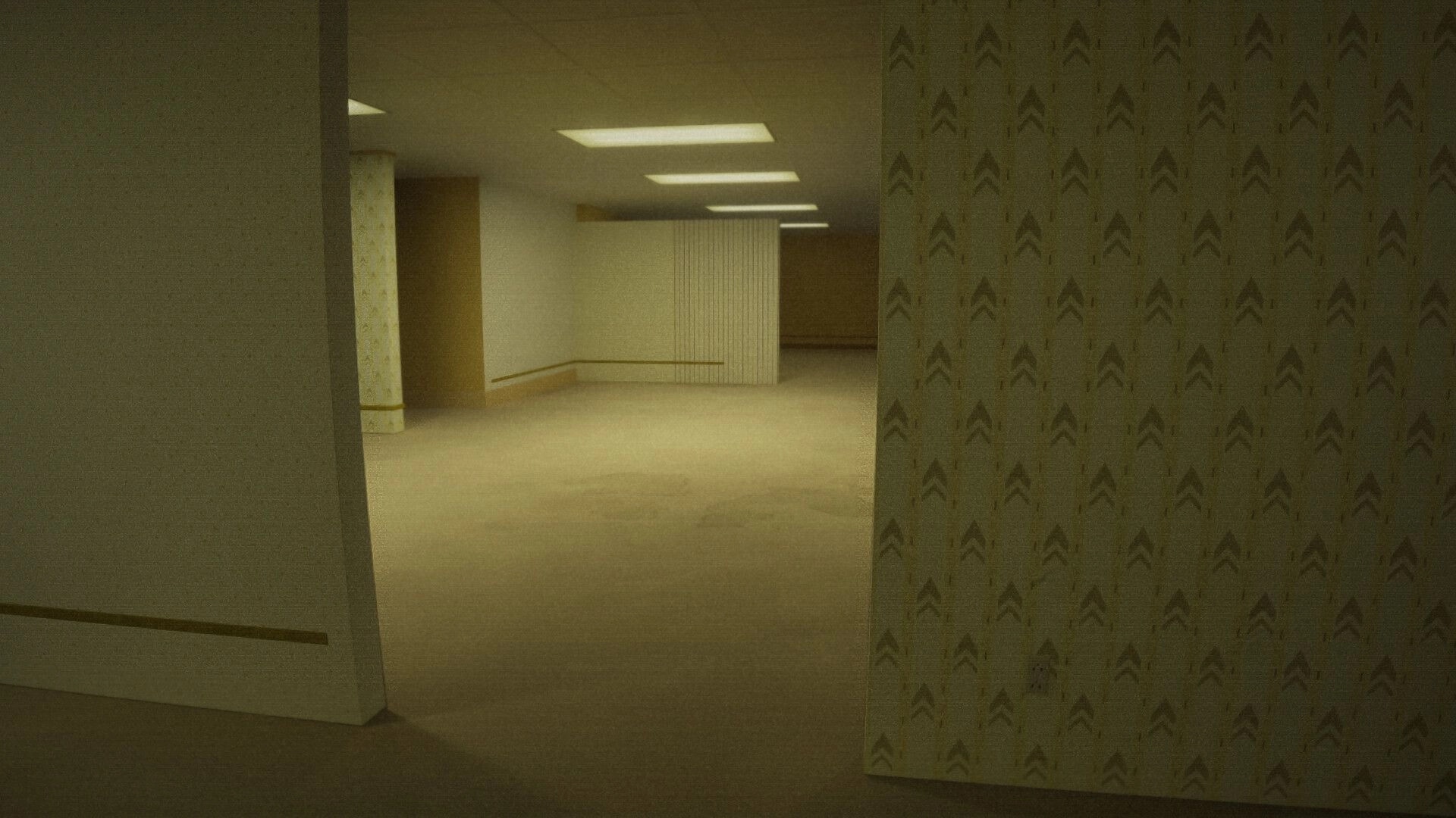 Late Shift: First-person view peeking around a corner into an empty fluorescent-lit hallway corridor.