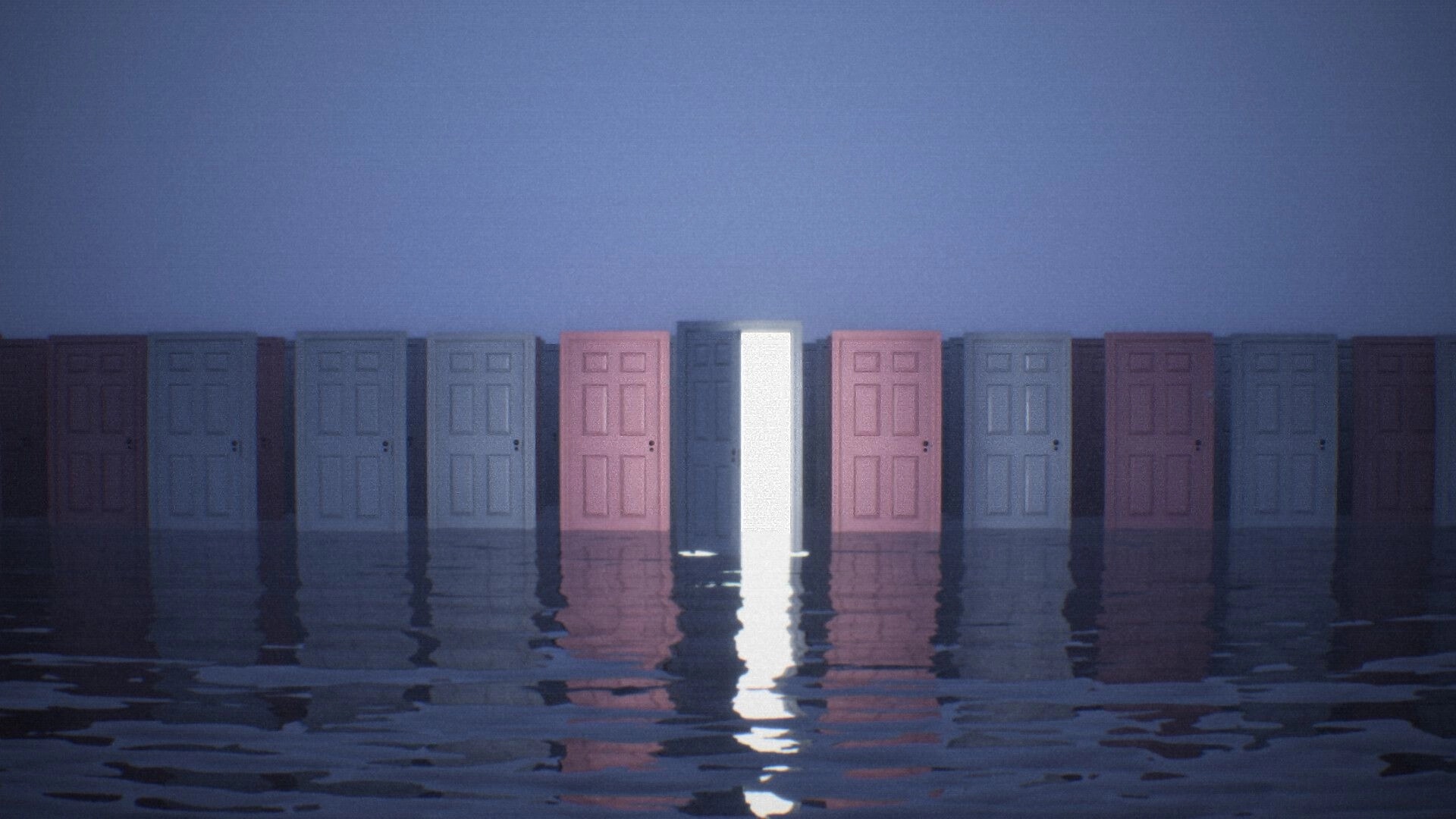 Late Shift: Row of closed doors with one glowing doorway reflected in dark water under foggy sky.