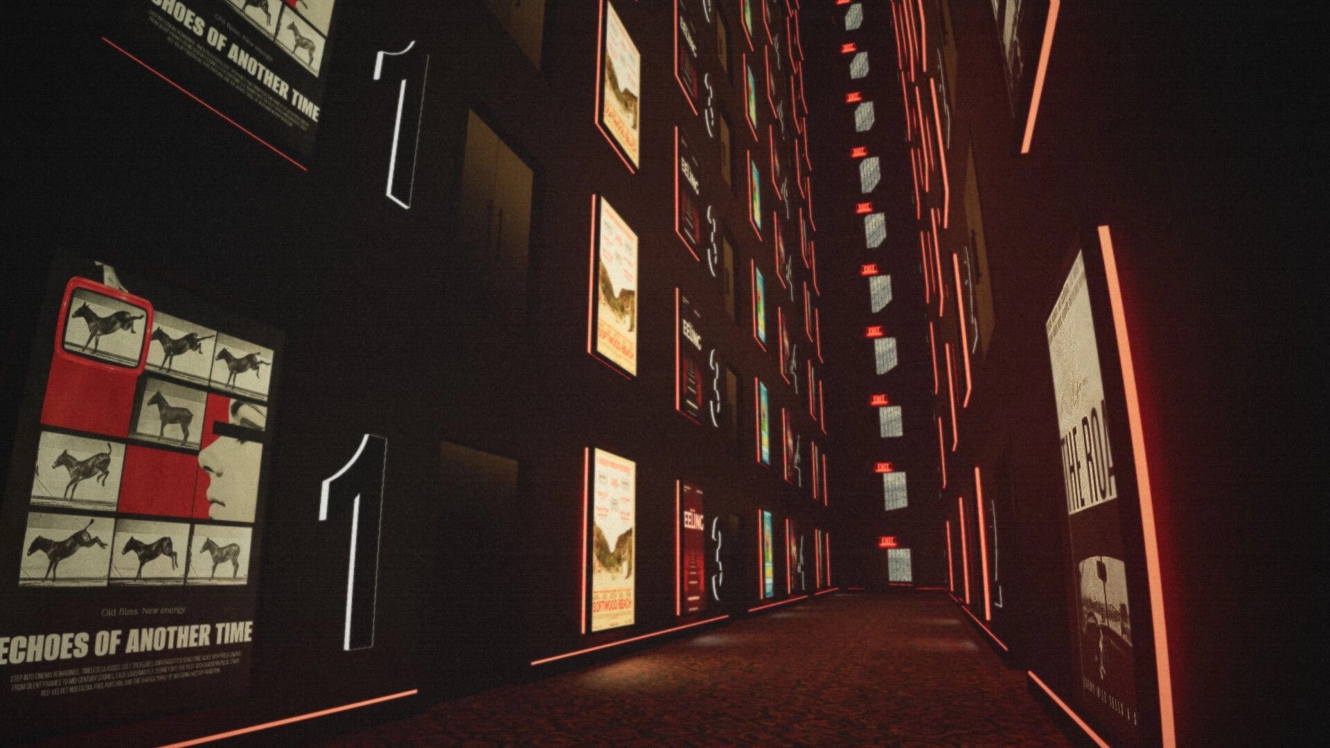 Late Shift: Walking down neon-lit cinema hallway with posters, doors labeled 1 and exit signs ahead.