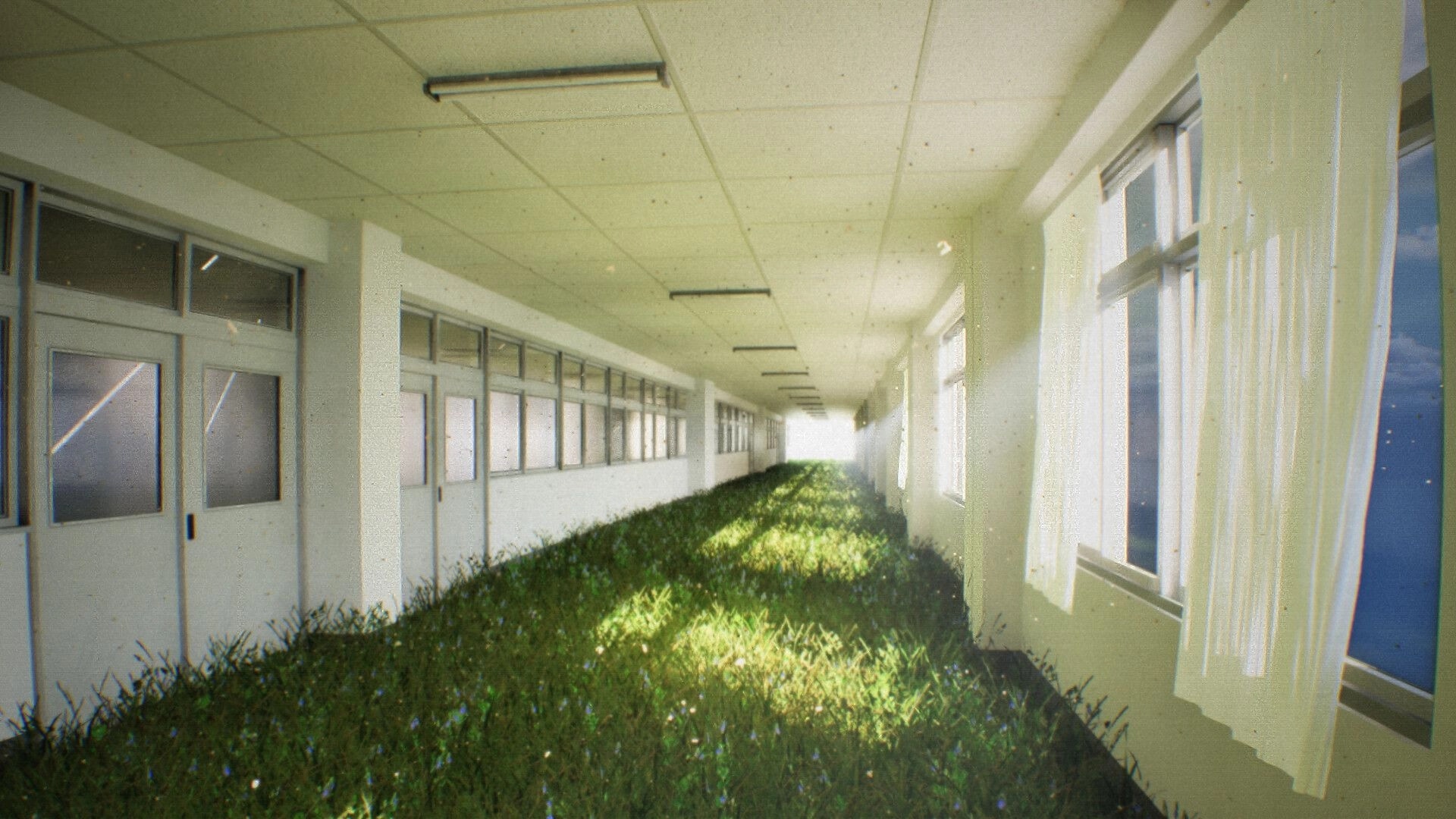 Late Shift: First-person view down a bright corridor with grass on the floor and windows lining walls.