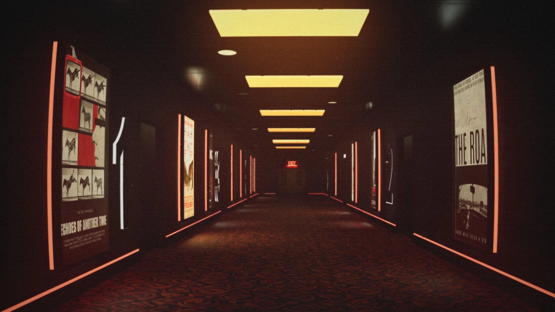 Late Shift: Empty movie theater hallway with posters and glowing exit sign under dim ceiling lights.