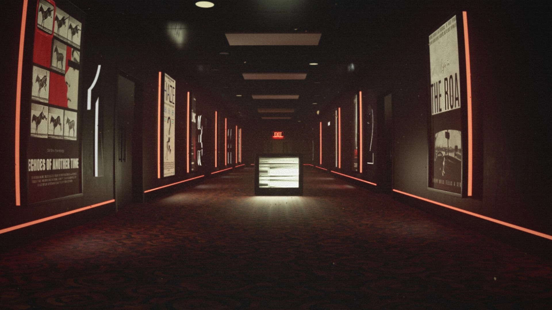 Late Shift: Static-filled CRT TV blocks a neon-lit cinema hallway lined with movie posters and EXIT sign.