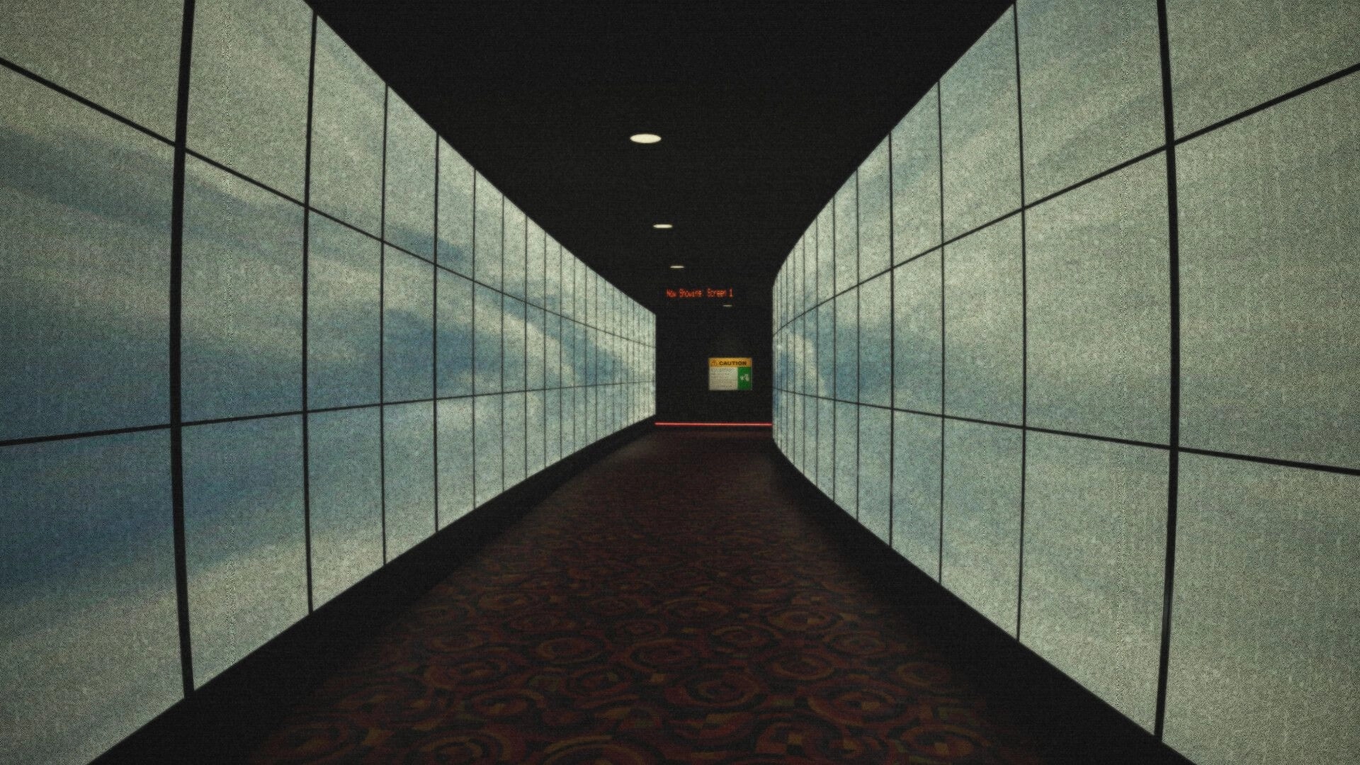 Late Shift: Empty cinema corridor with tiled walls and carpet, red No Signal Error 1 text ahead.