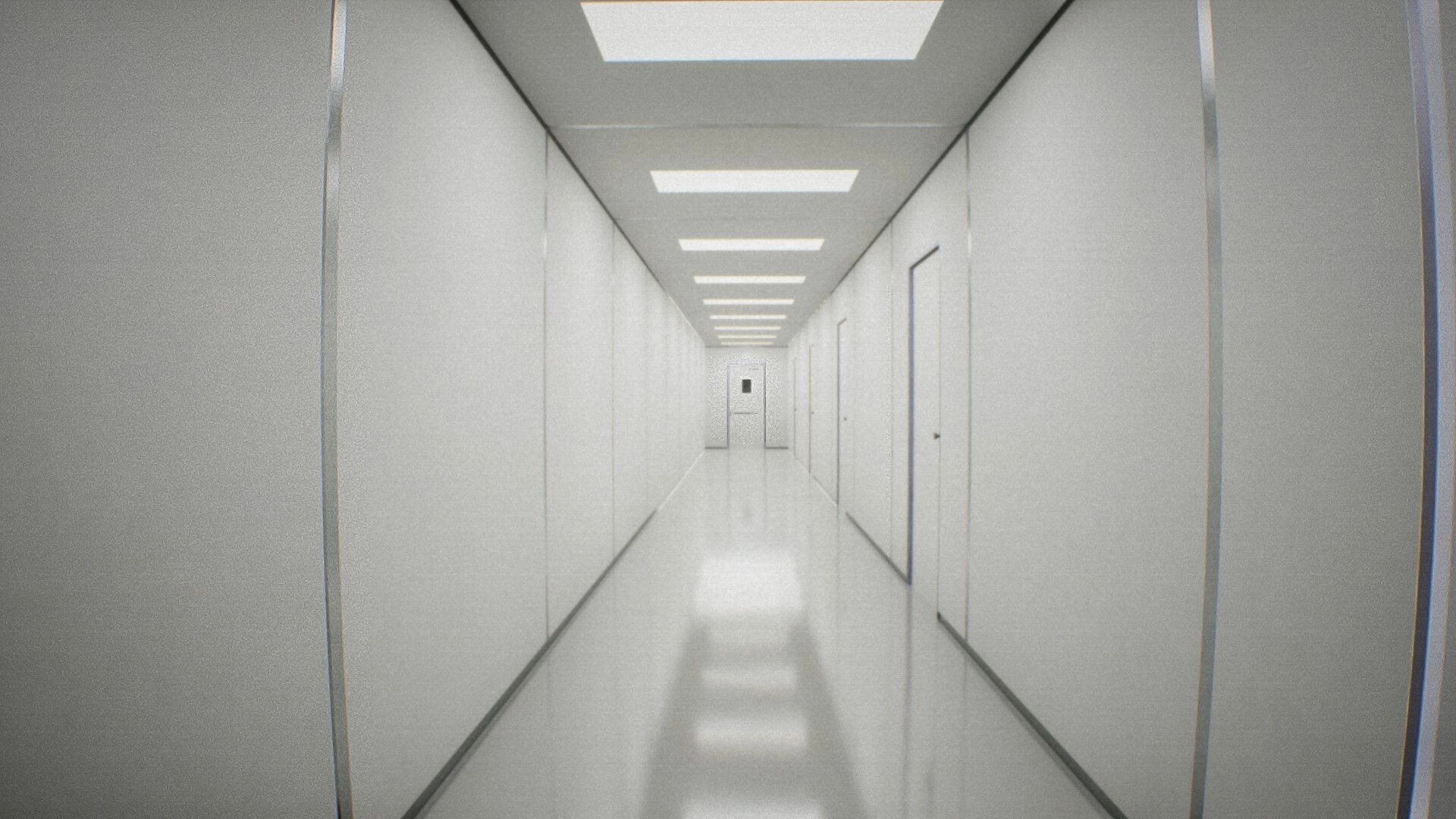 Late Shift: First-person view down a sterile white hallway with doors on both sides and a lit ceiling.