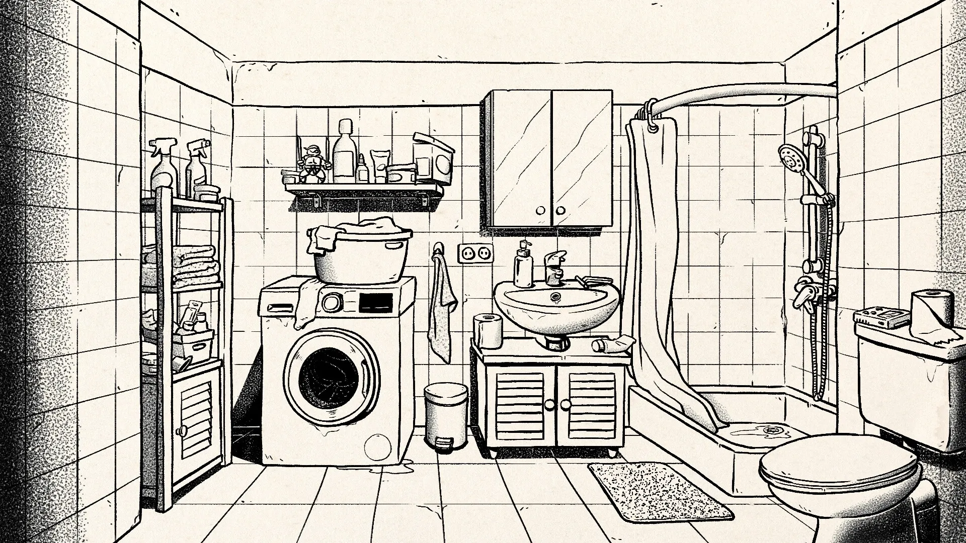 Later: Explore a detailed bathroom scene with washing machine, shower, and storage shelves
