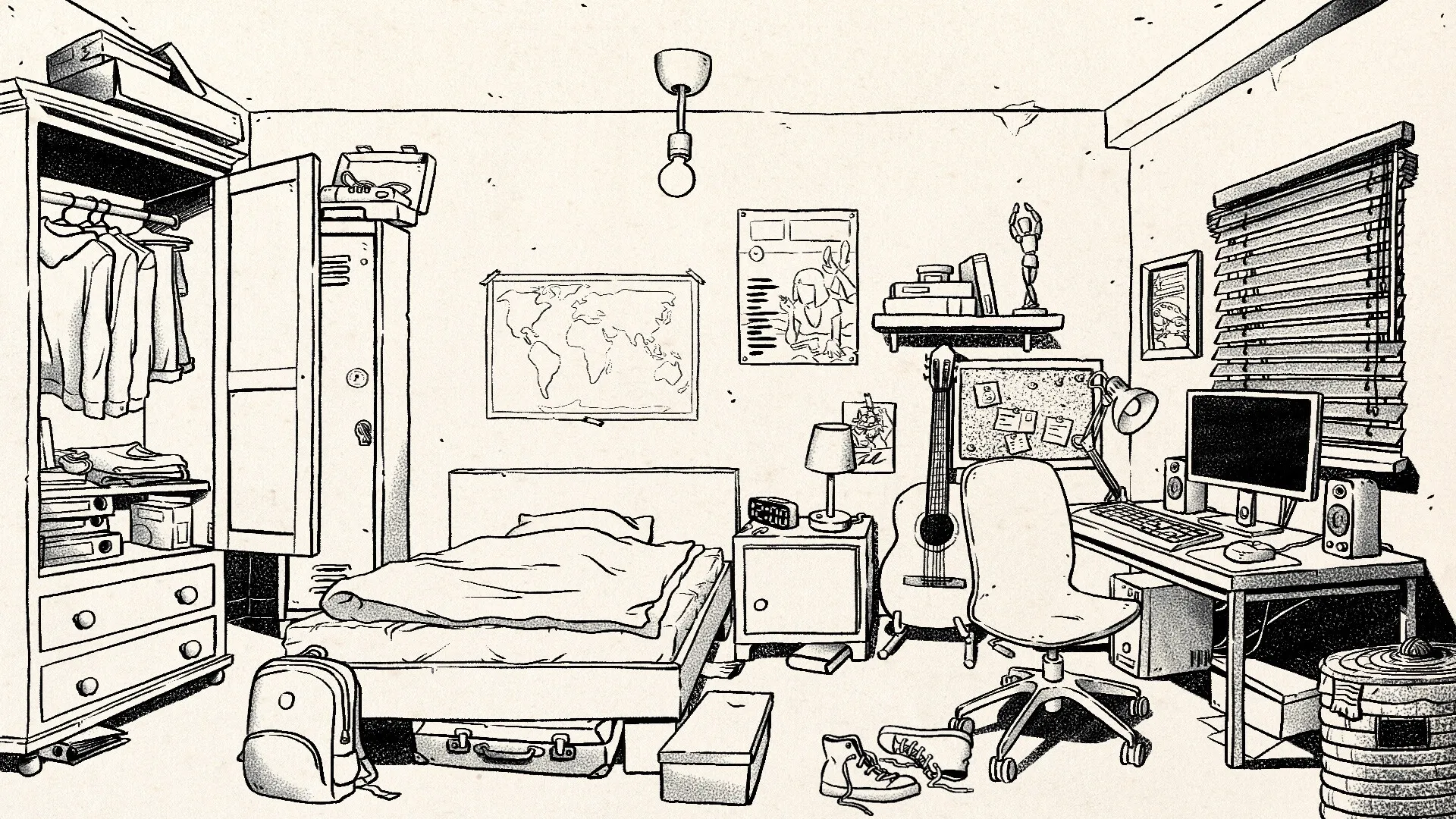 Later: Bedroom scene with cluttered desk, posters, guitar, and clothes scattered around the room.