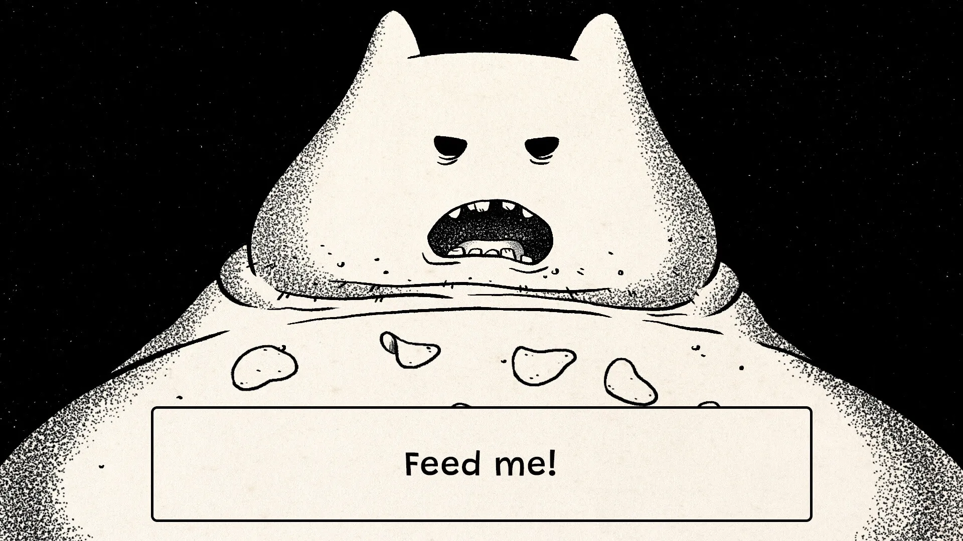 Later: Creature demands food with text box saying "Feed me!" against a dark starry background.