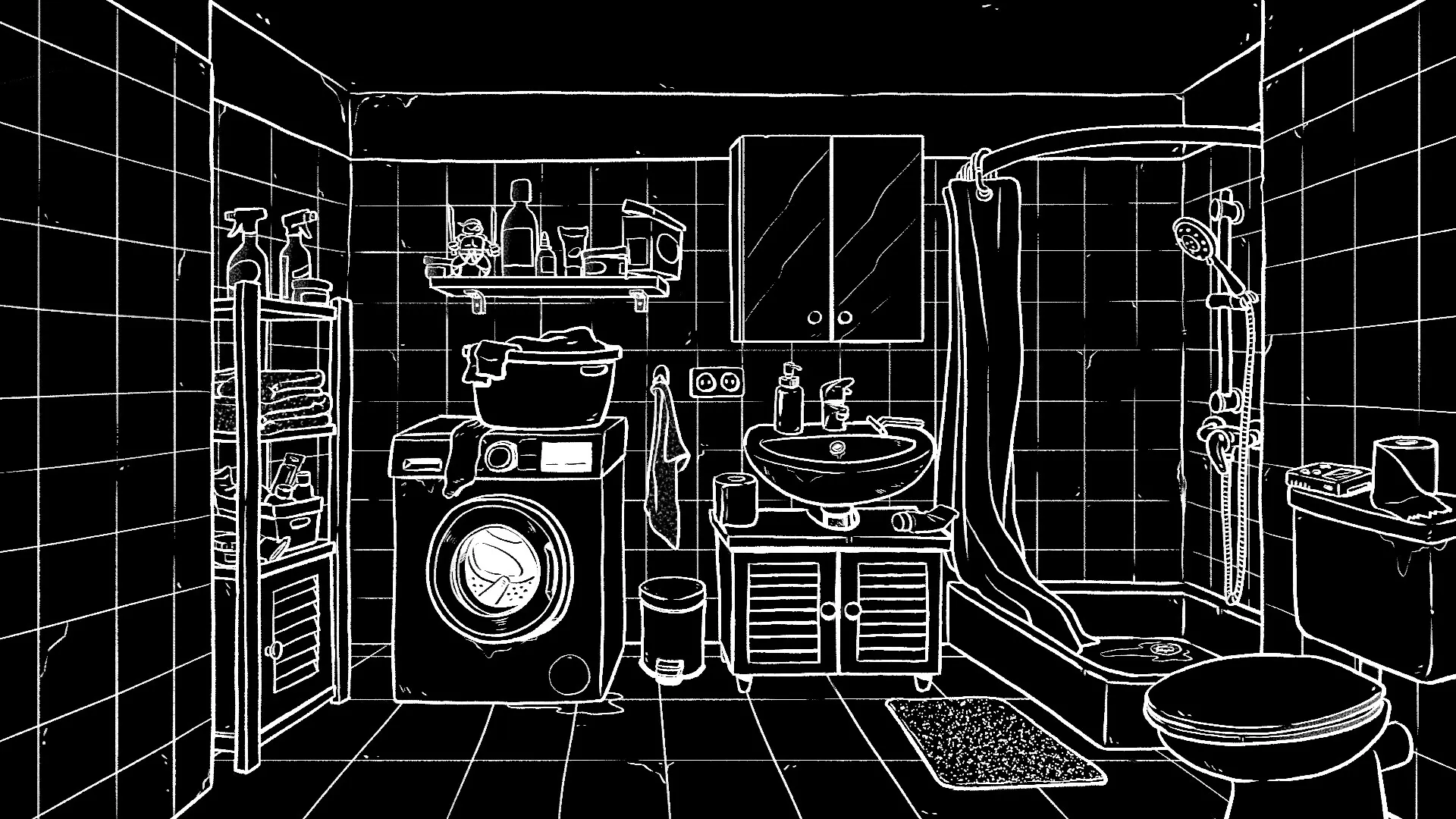 Later: Bathroom scene with washing machine, sink, shower, and shelves filled with various household items.