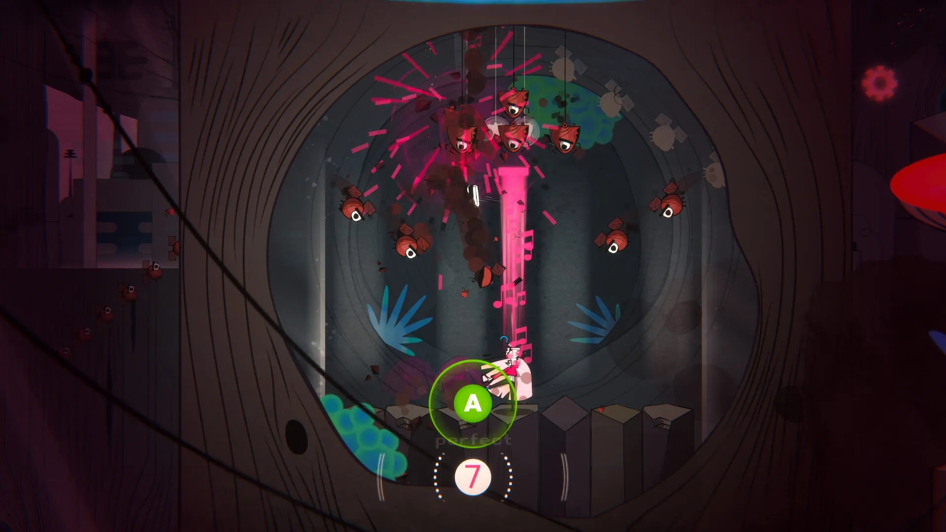 LavaLoop: Punk musician battles red-eyed creatures in a circular tunnel with musical notes and explosions.
