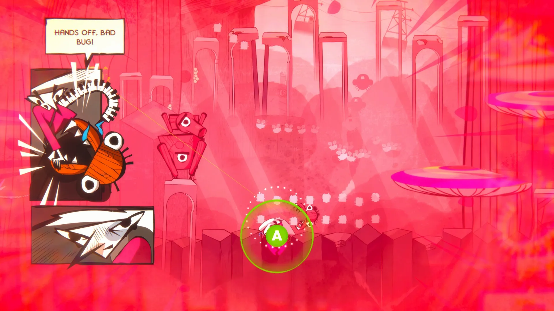 LavaLoop: Comic-style character fights giant bug in vibrant red retro-futuristic environment.