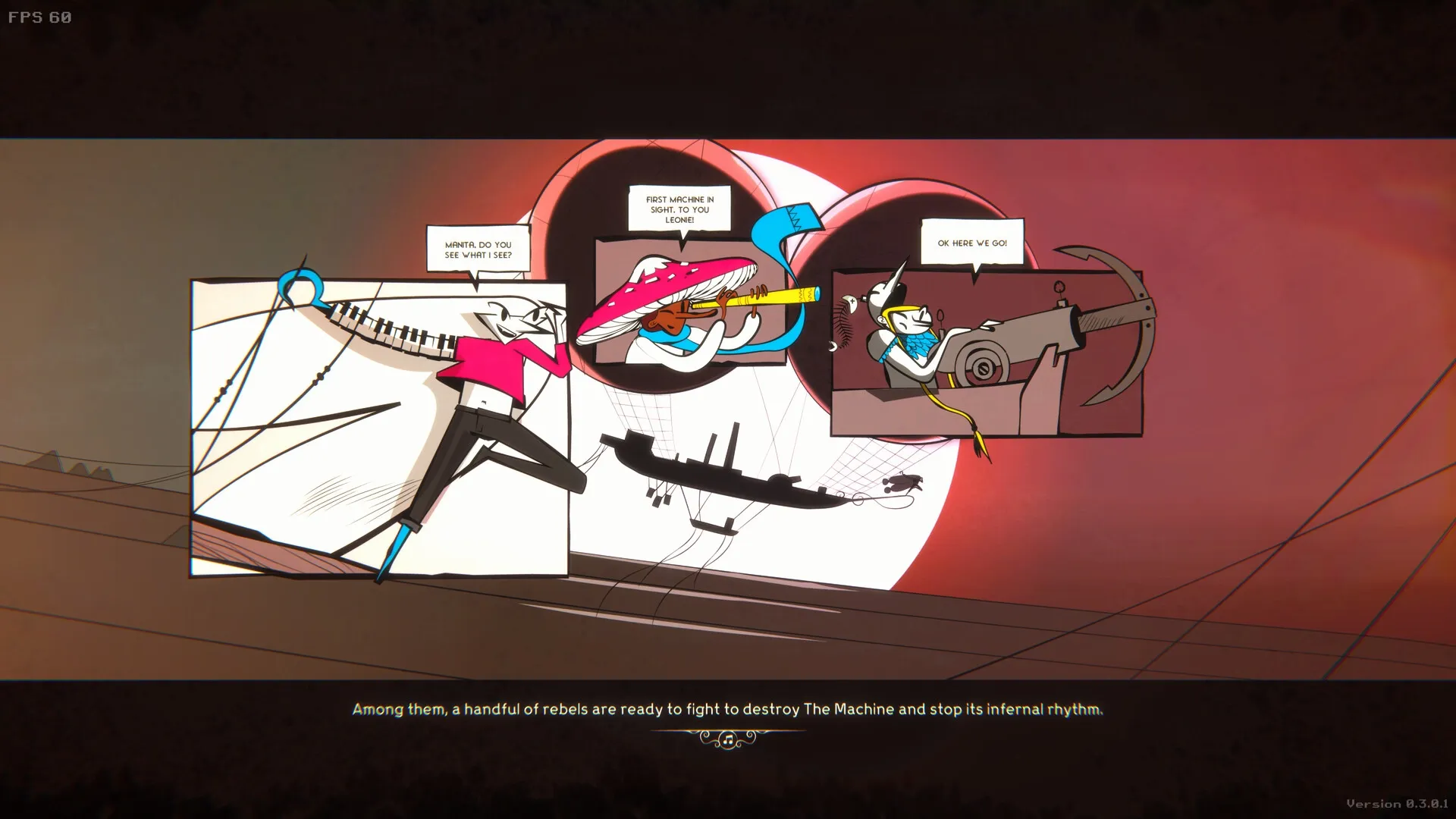 LavaLoop: Three punk musicians prepare to battle a colossal machine in a vibrant, retro-futuristic sky.