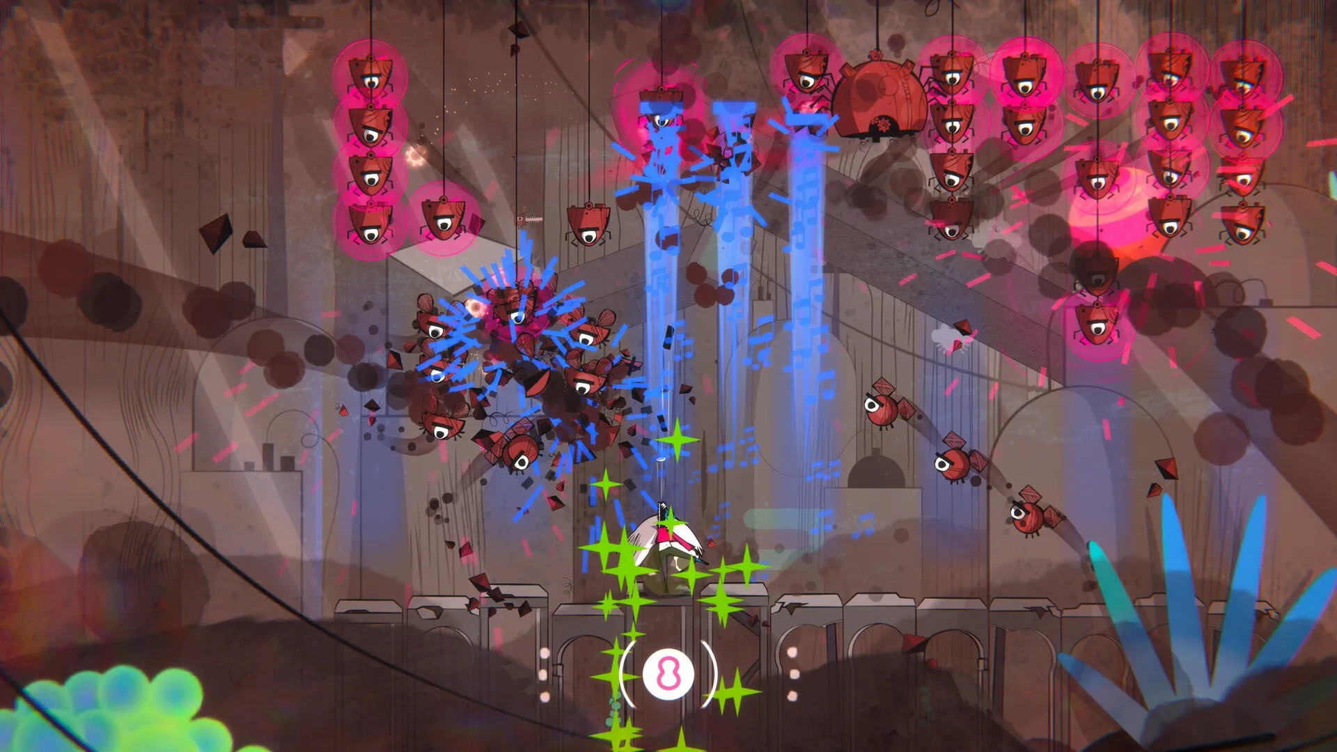 LavaLoop: Player dodges pink enemies and blue musical blasts in a chaotic, hand-drawn arena setting