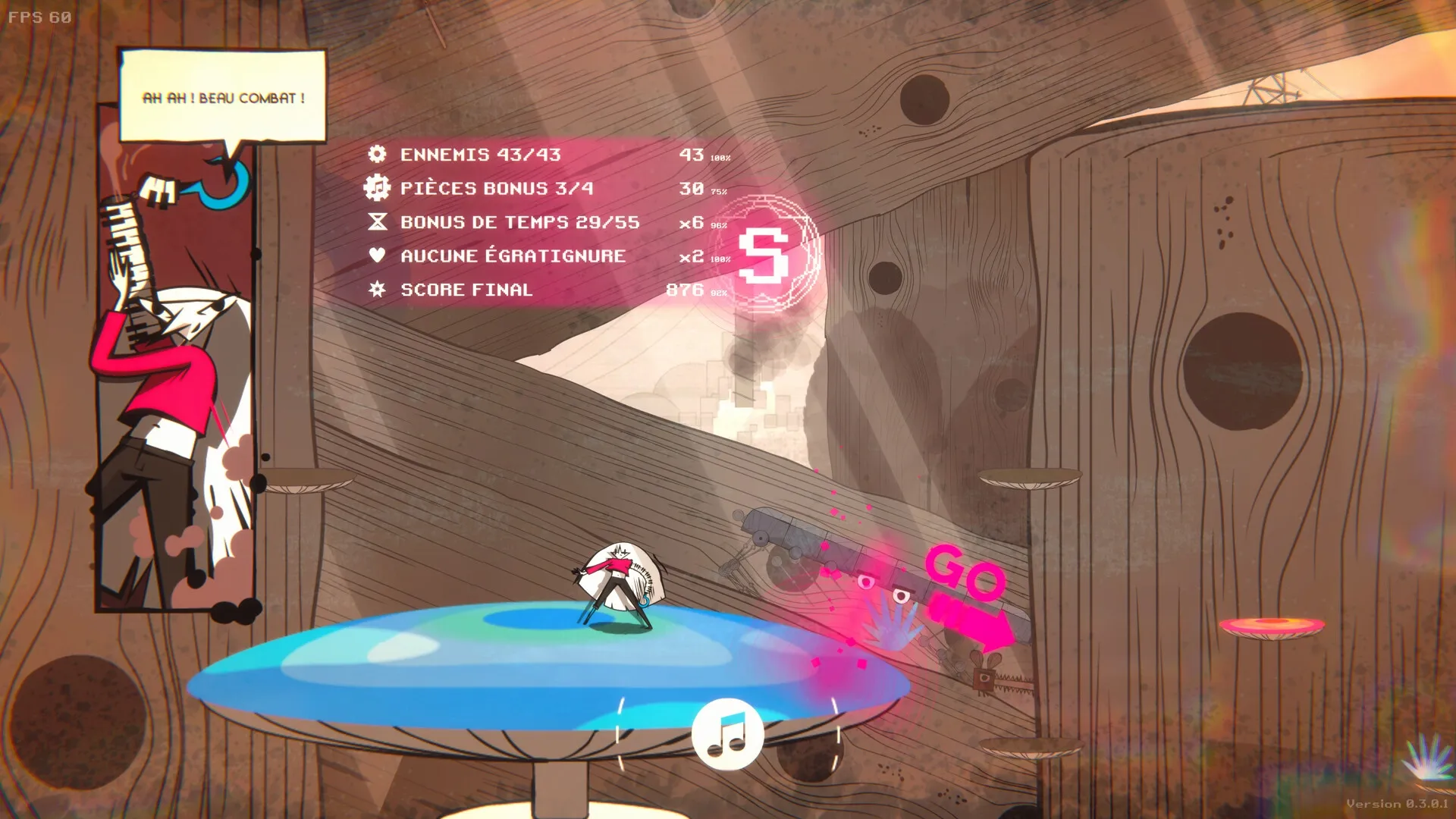 LavaLoop: Character playing keyboard on stage with performance stats in wooden retro-futuristic setting