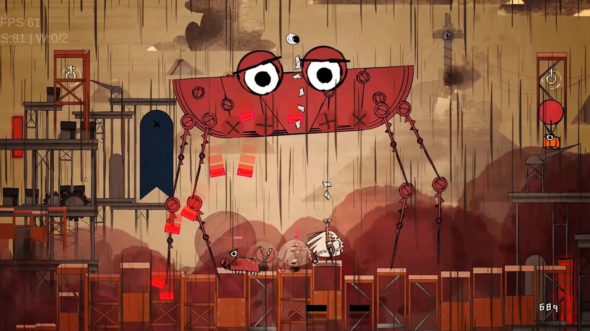LavaLoop: Battle with a giant red robot in a hand-drawn industrial setting with punk musicians