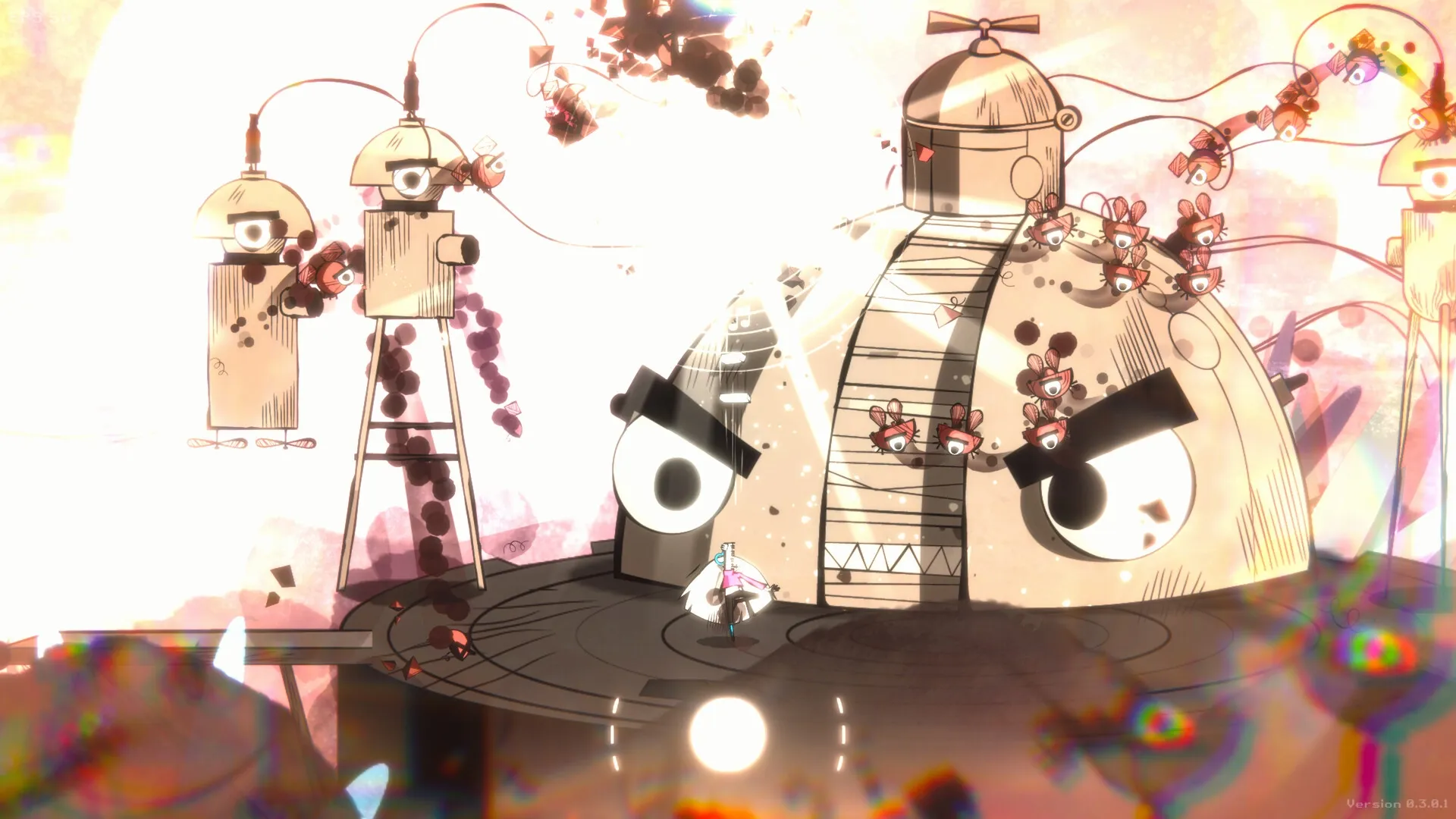 LavaLoop: Punk musician battles on giant mechanical face in retro-futuristic musical showdown.