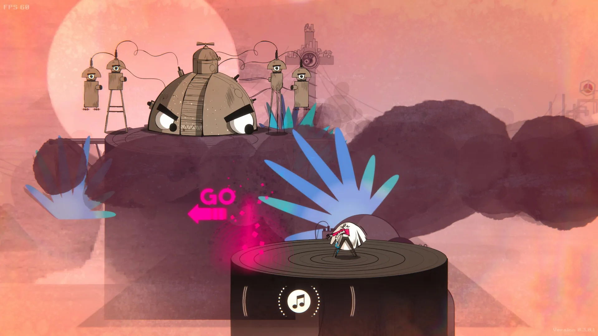 LavaLoop: Punk musician plays guitar on a record player stage with animated robots and neon go sign