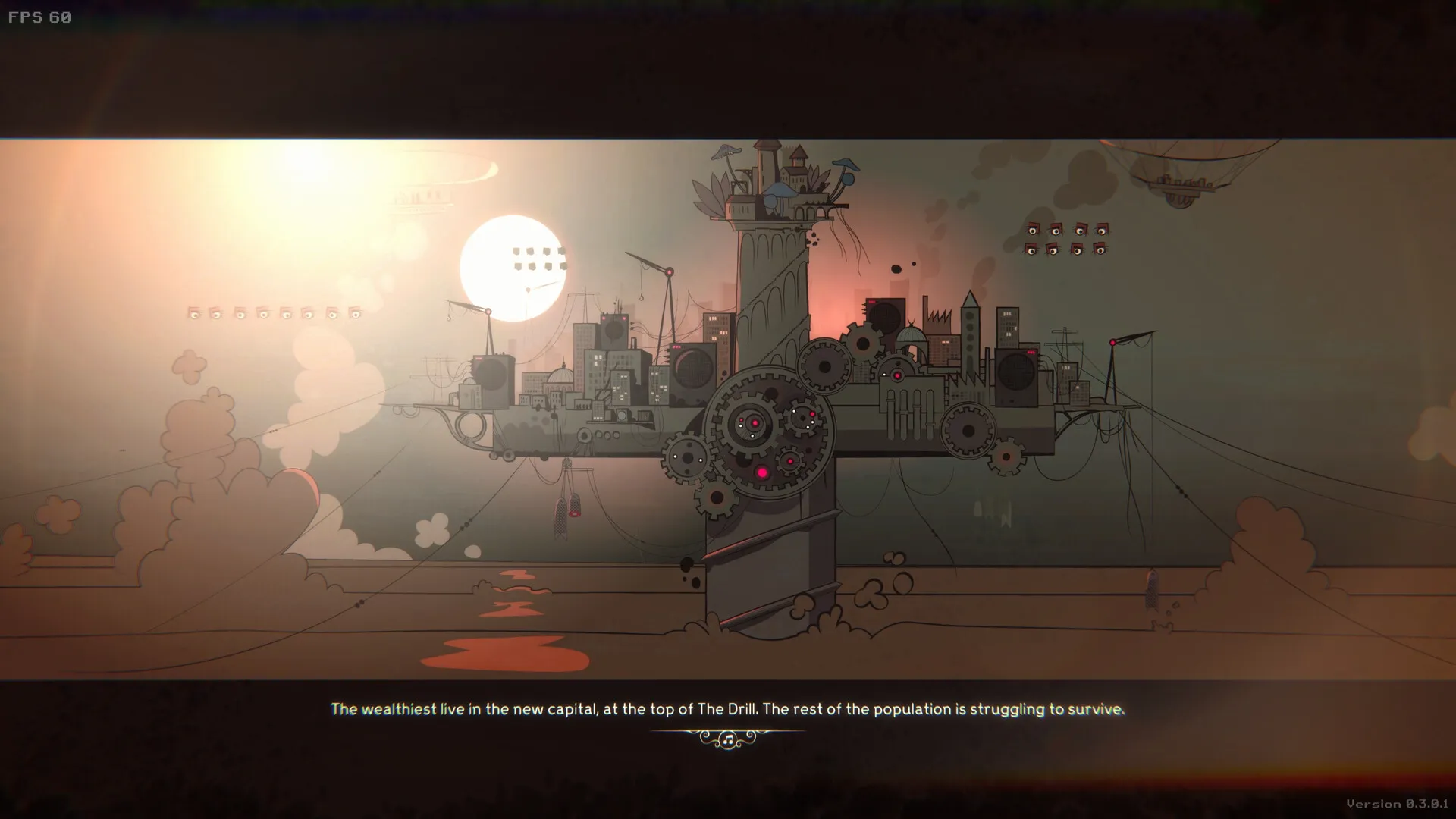 LavaLoop: Hand-drawn cityscape with gears and wires under a large sun in retro-futuristic style.