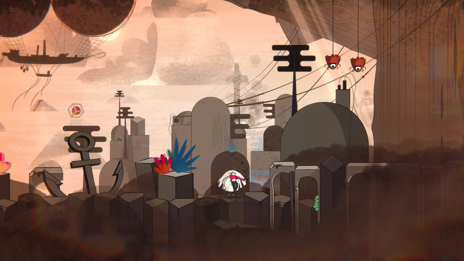 LavaLoop: Punk musician navigates retro-futuristic cityscape with floating airship and abstract structures.