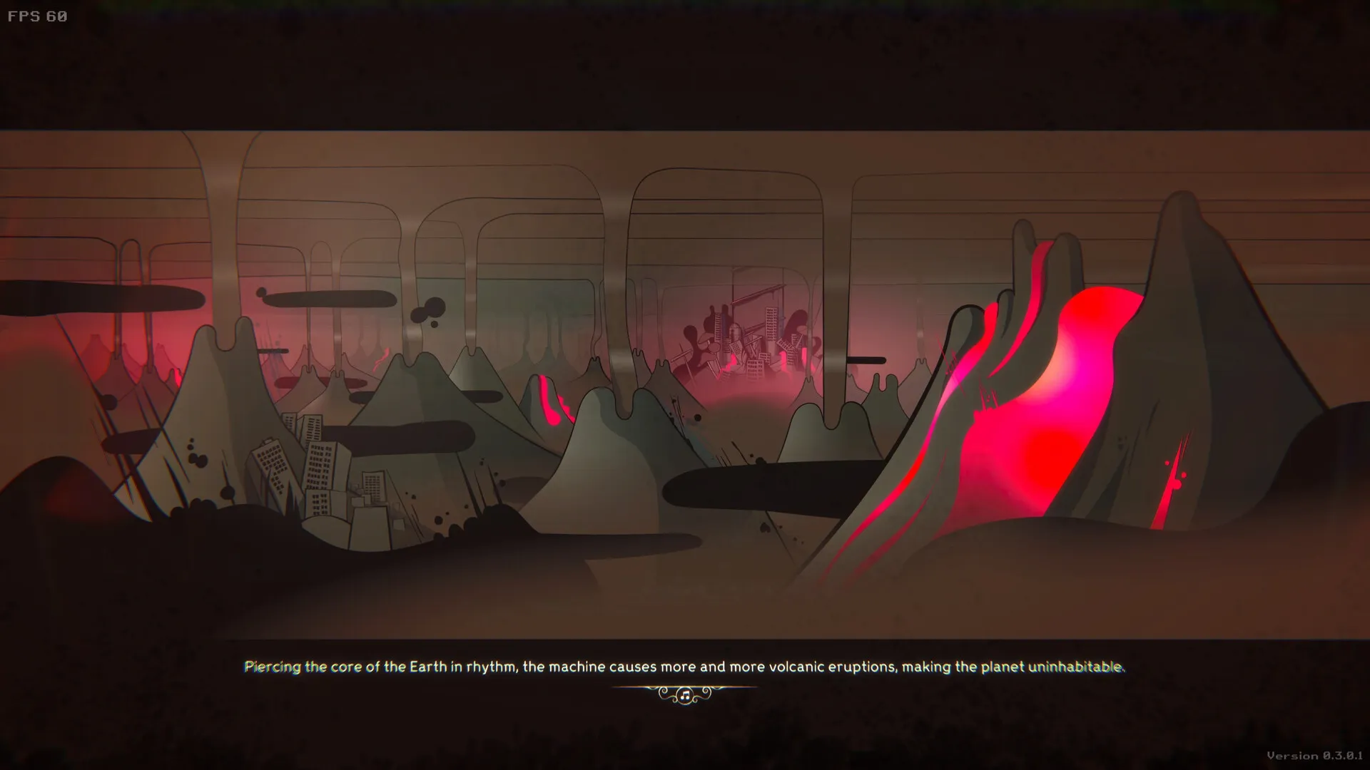 LavaLoop: Volcanic landscape with rhythmic eruptions and silhouetted city in a retro-futuristic setting.