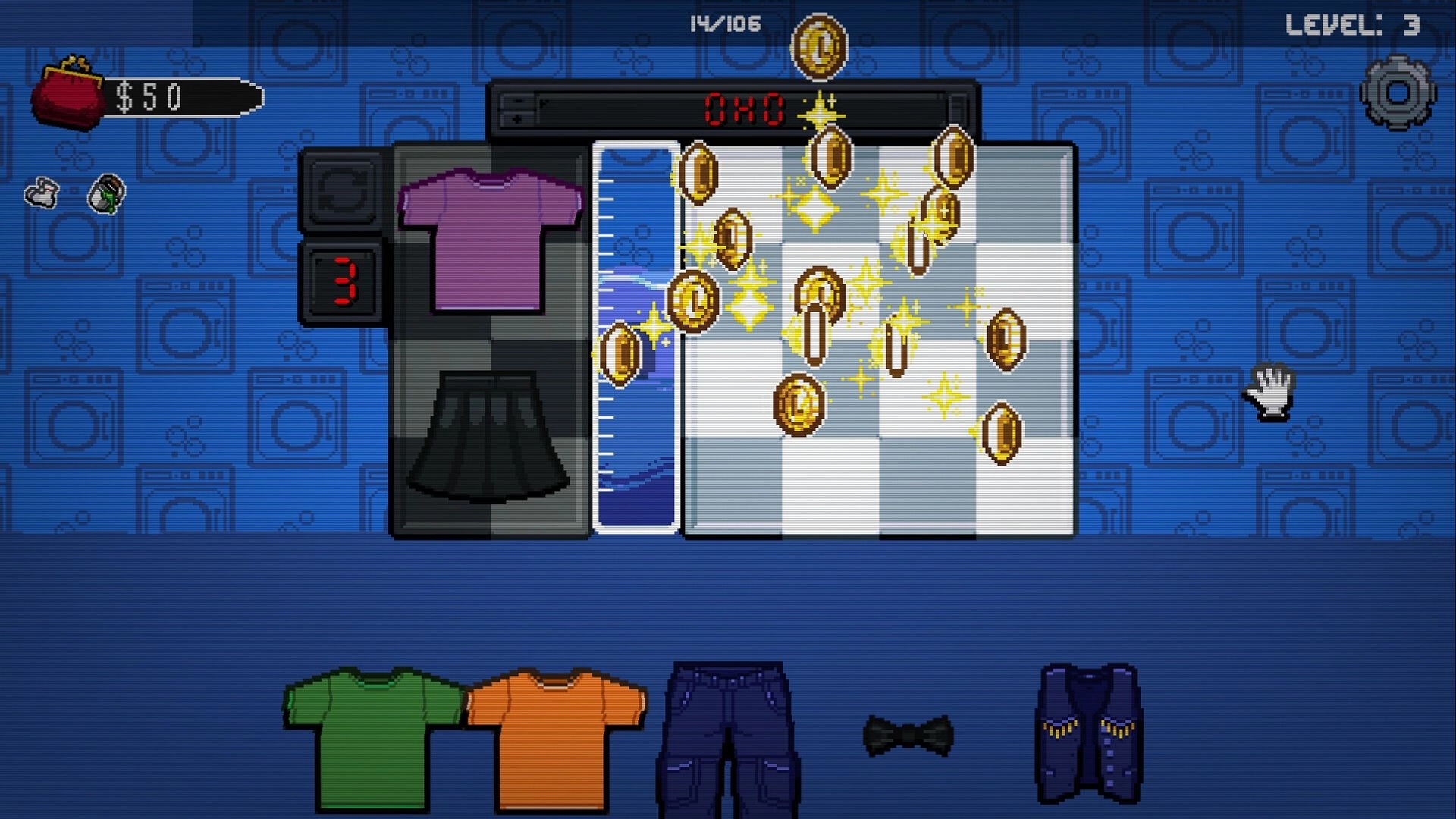 Lavatro: Washing machine UI with coins and sparkle effects, clothing slots and item row on blue backdrop.