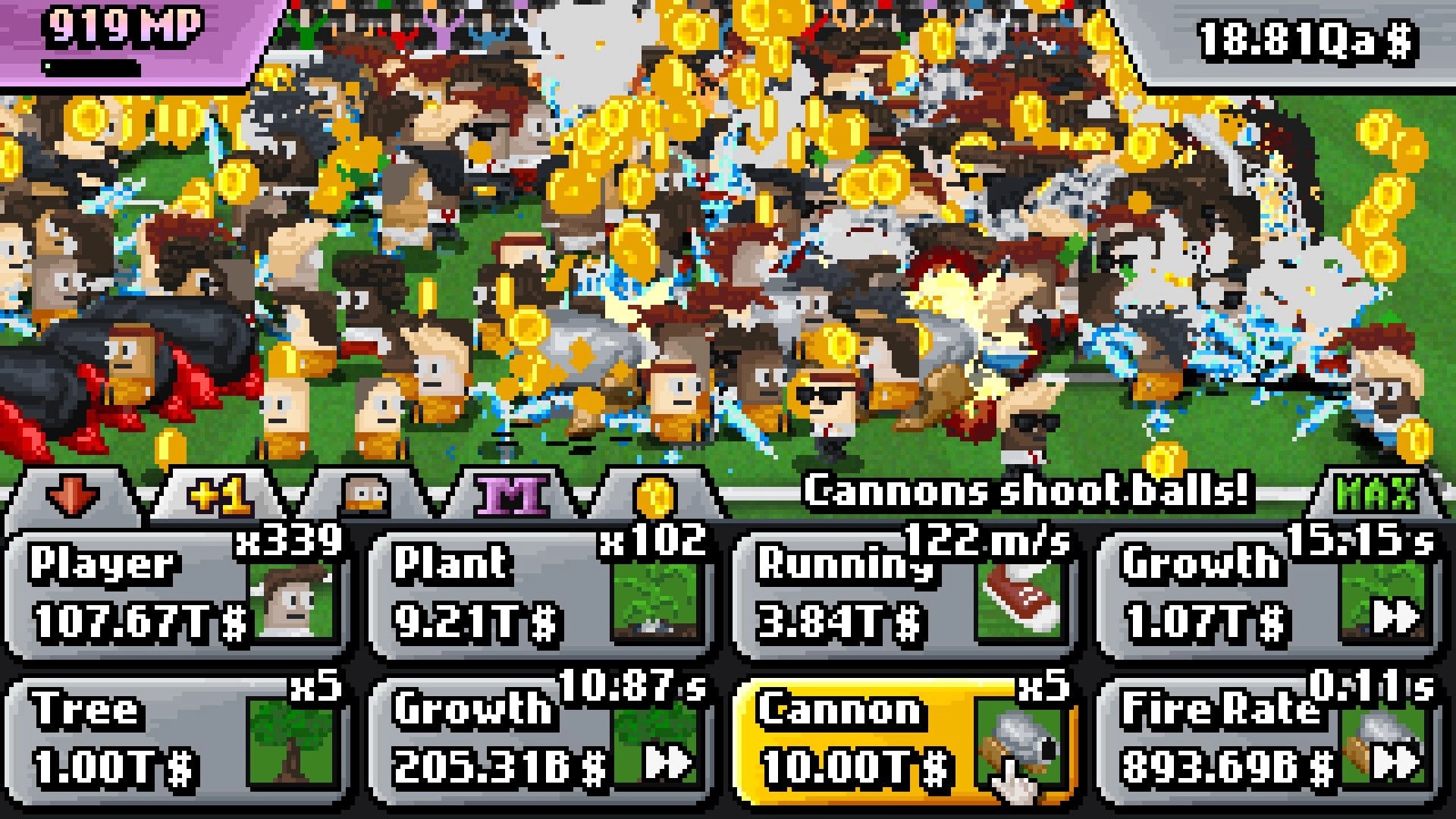 Lazy Kickers: Chaotic coin explosion as cannons shoot balls on crowded pitch, upgrade panels below.