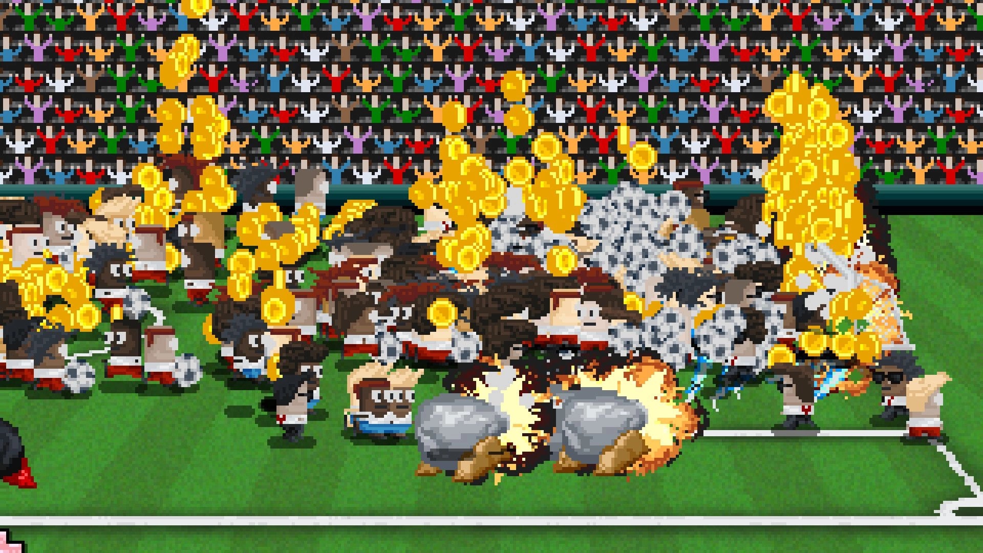 Lazy Kickers: Pixel soccer brawl with players, exploding balls and coin bursts on crowded stadium pitch.