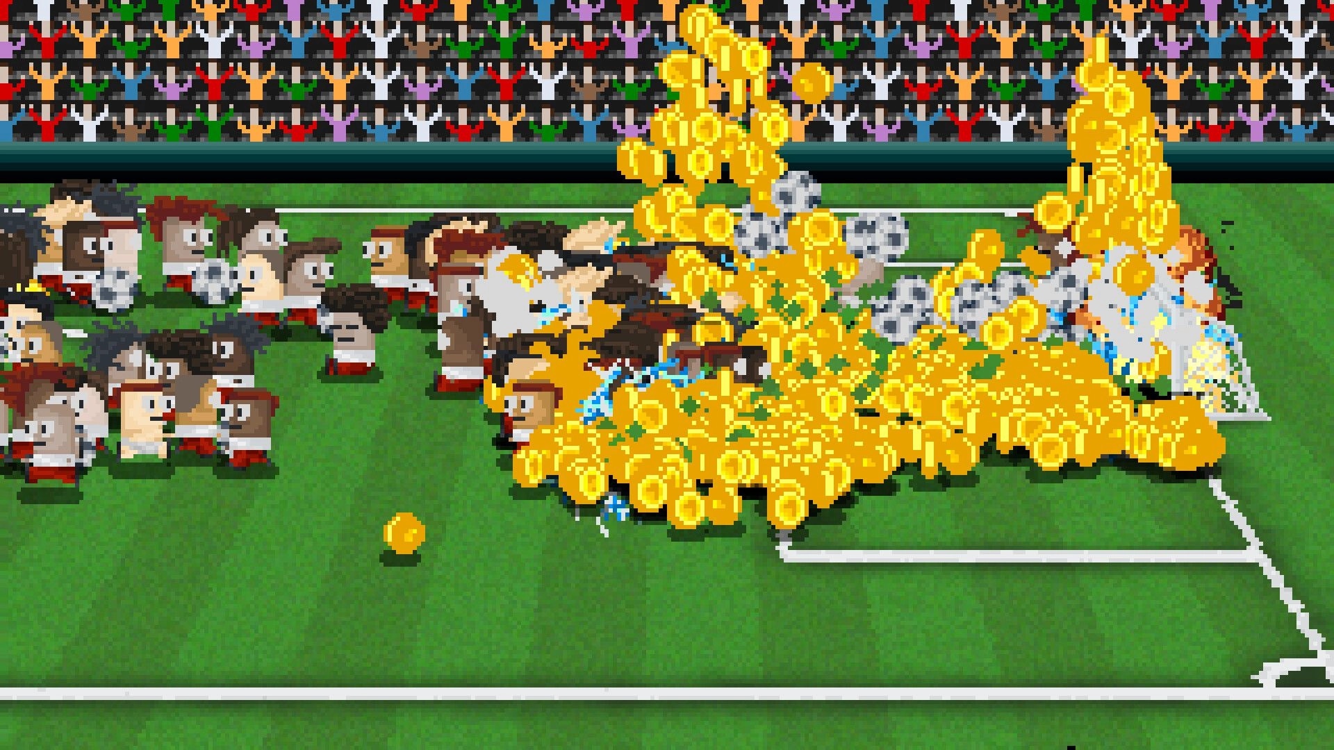 Lazy Kickers: Pixel soccer players swarm the goal as coins burst everywhere on a crowded stadium pitch.