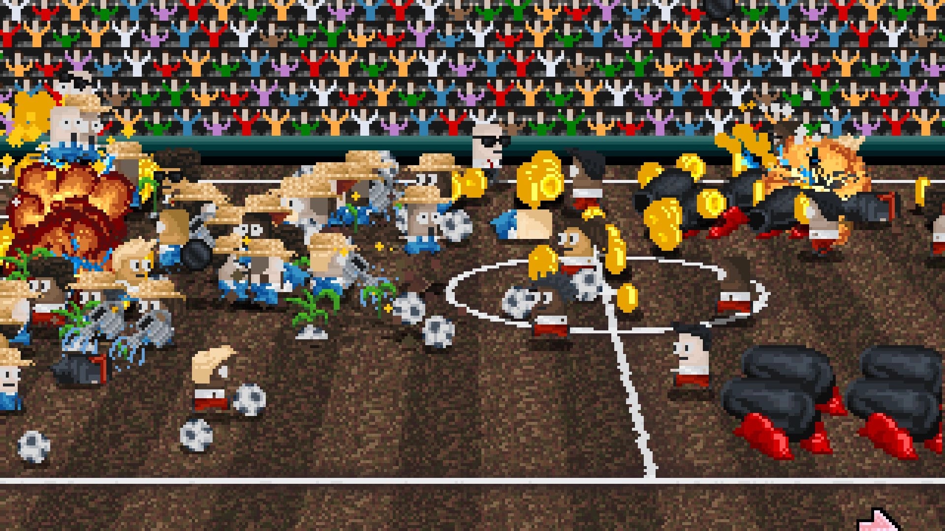 Lazy Kickers: Pixel soccer chaos with players, coins and explosions on a packed stadium field.