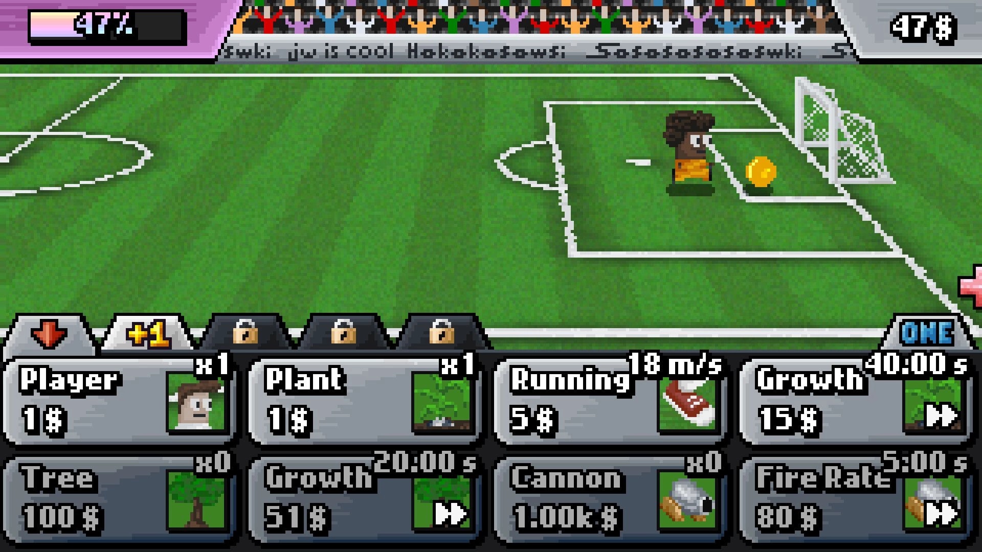 Lazy Kickers: Pixel striker by goal with coin on field, upgrade shop tiles along bottom UI bar.