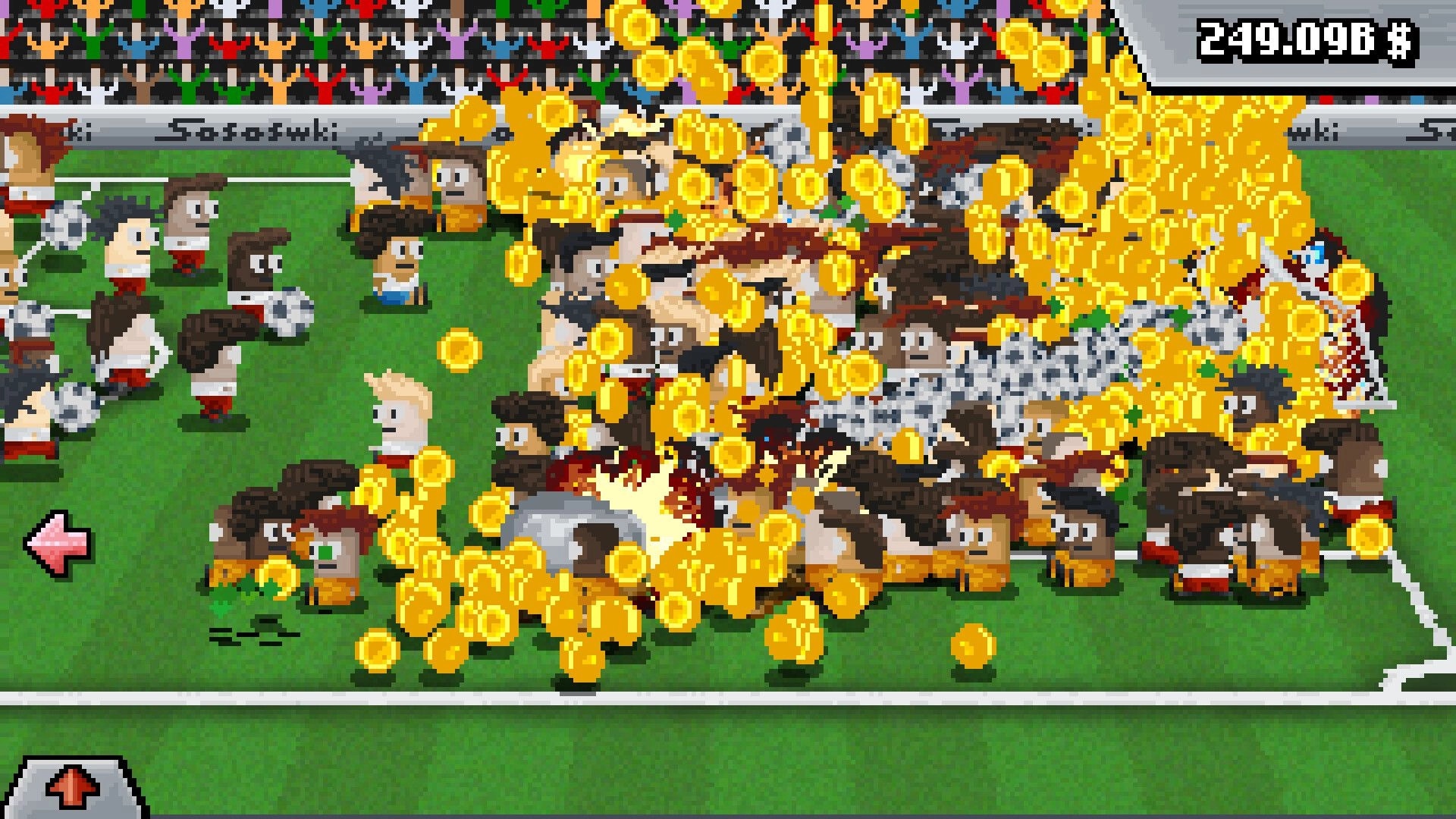 Lazy Kickers: Coin explosion over crowded soccer pitch with pixel players and huge score counter UI.