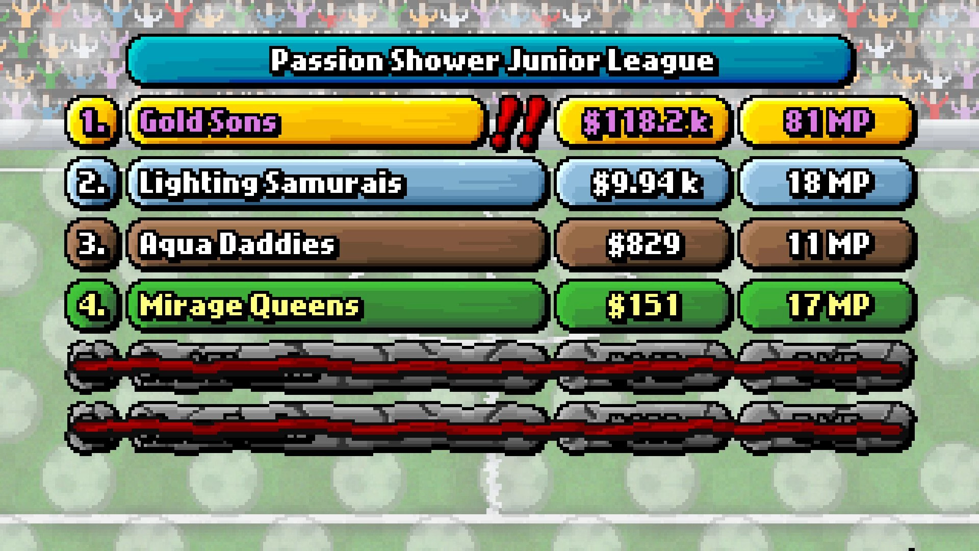 Lazy Kickers: Passion Shower Junior League leaderboard with team ranks, scores, and MP on pitch backdrop.
