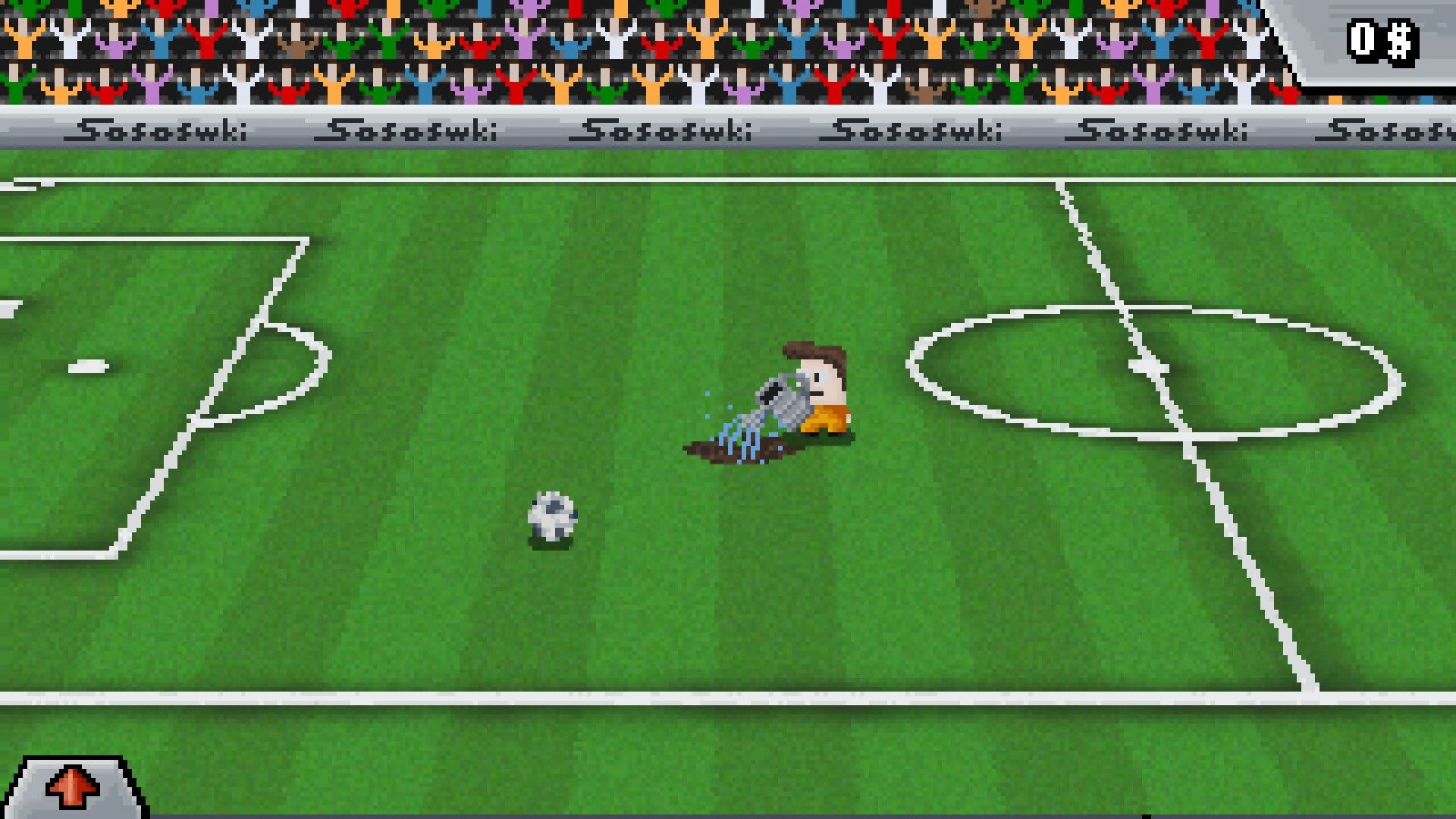 Lazy Kickers: Player waters a sprouting ball plant on the pitch, with crowd stands and 0$ UI.