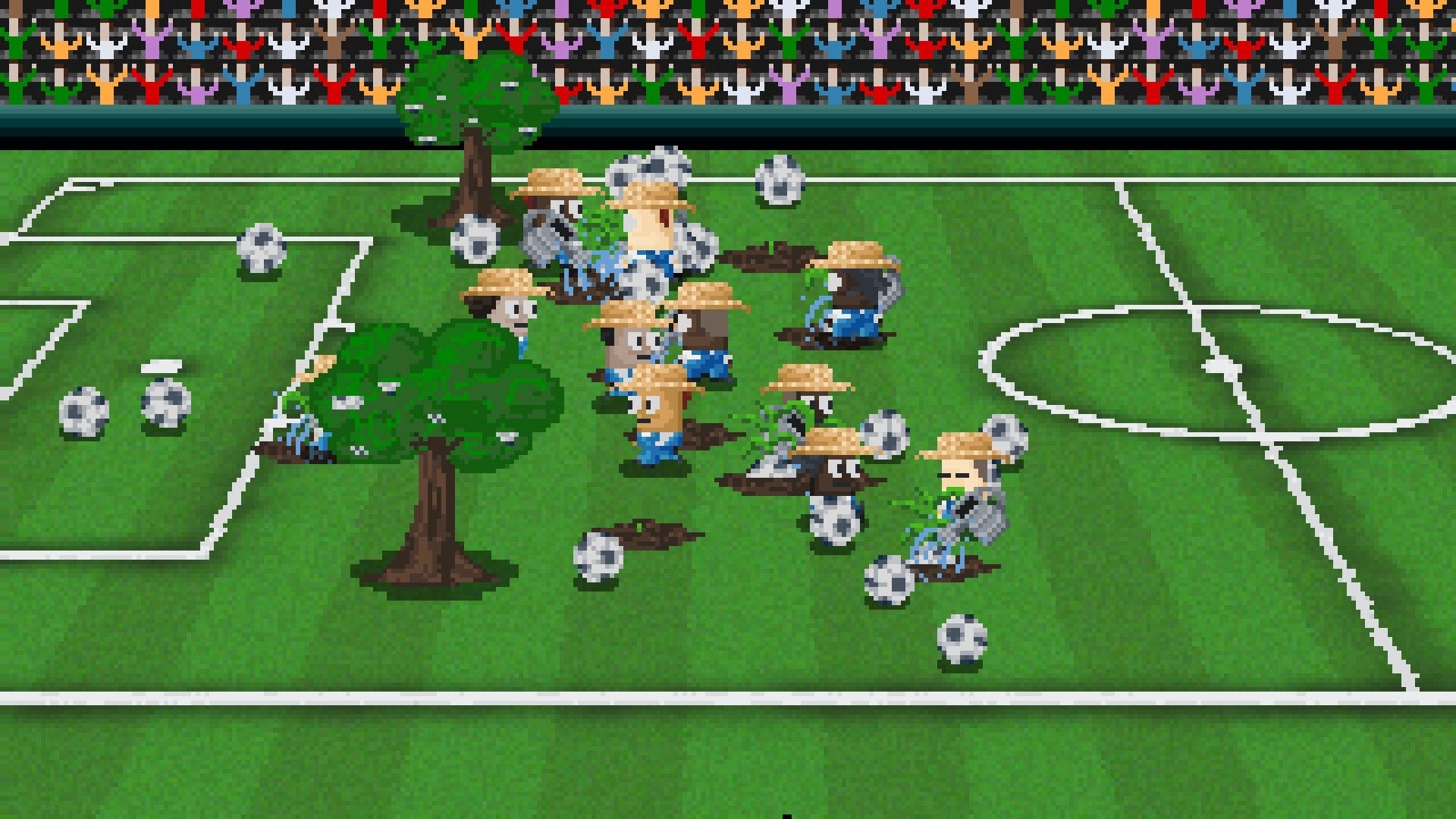 Lazy Kickers: Farmers in straw hats harvest soccer balls from plants on a crowded pixel pitch.