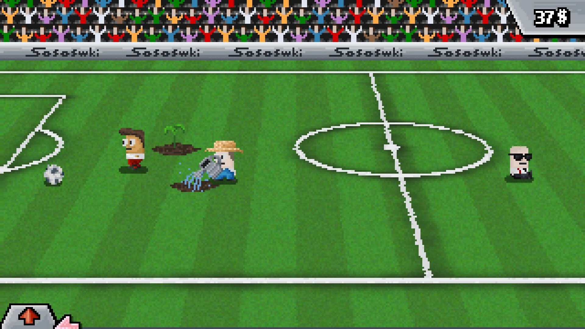 Lazy Kickers: Farmer waters a sprout on the pitch as players stand by midfield, 37 coins UI.