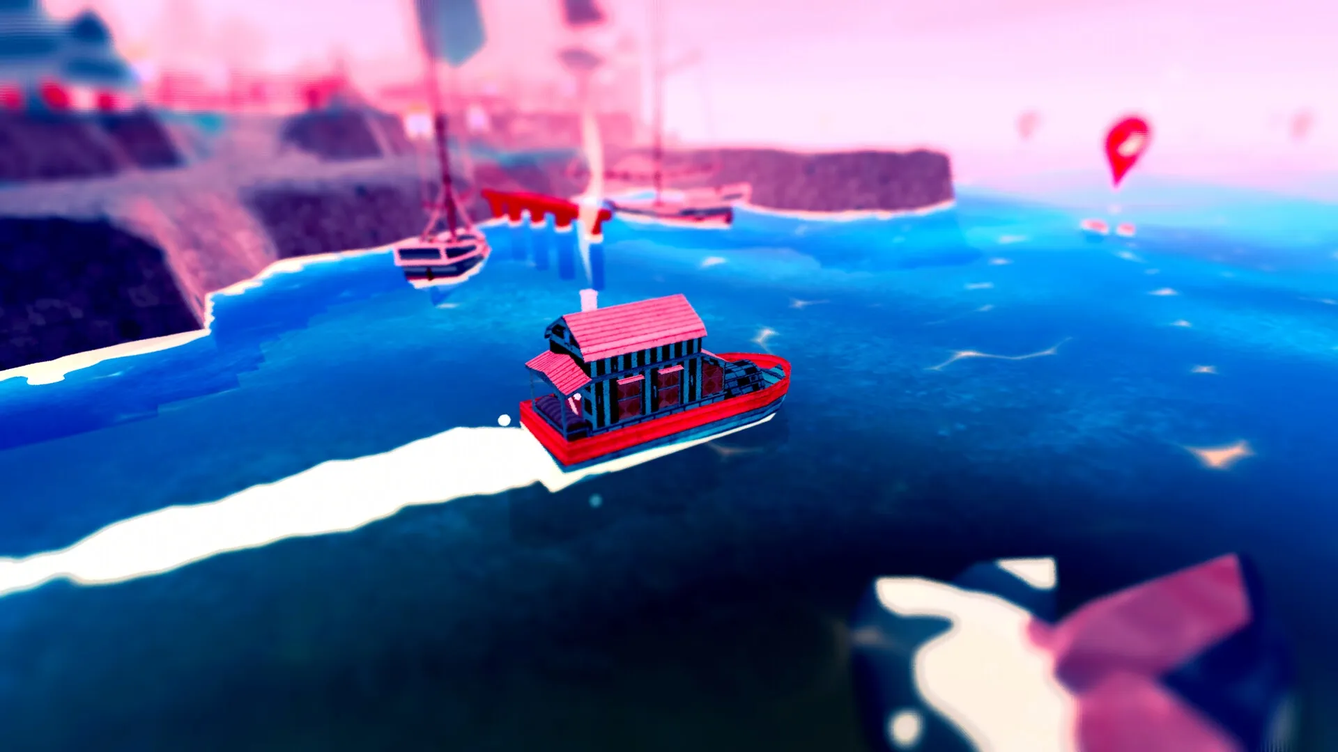 Le Plan Spectral: A red boat sails on a blue ocean near cliffs and anchored sailboats in a serene harbor.