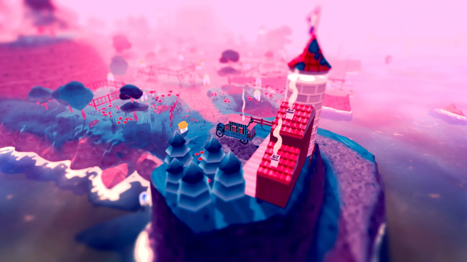 Le Plan Spectral: Ghost near castle with red roof on cliff, overlooking misty landscape with trees and flowers.