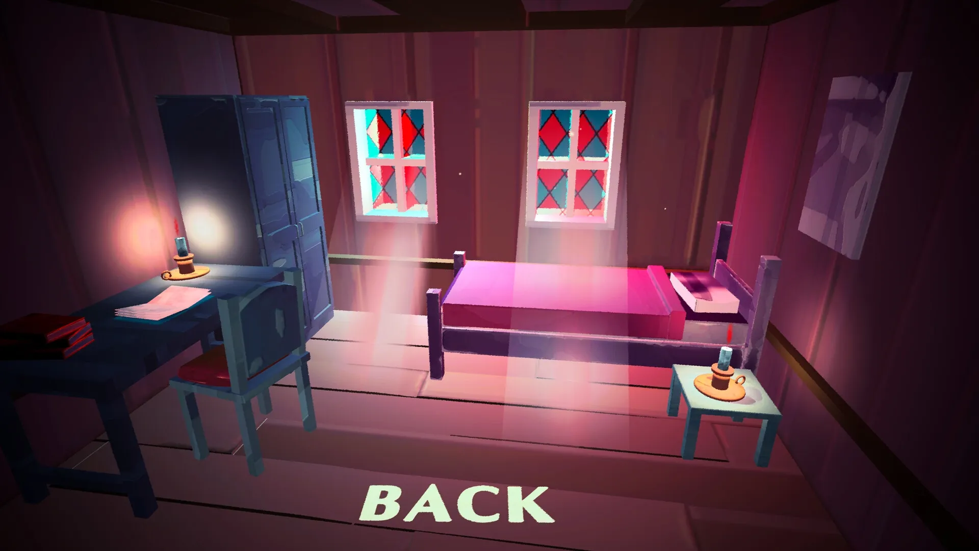 Le Plan Spectral: Cozy bedroom with lit candles, desk, bed, and stained glass windows in warm lighting