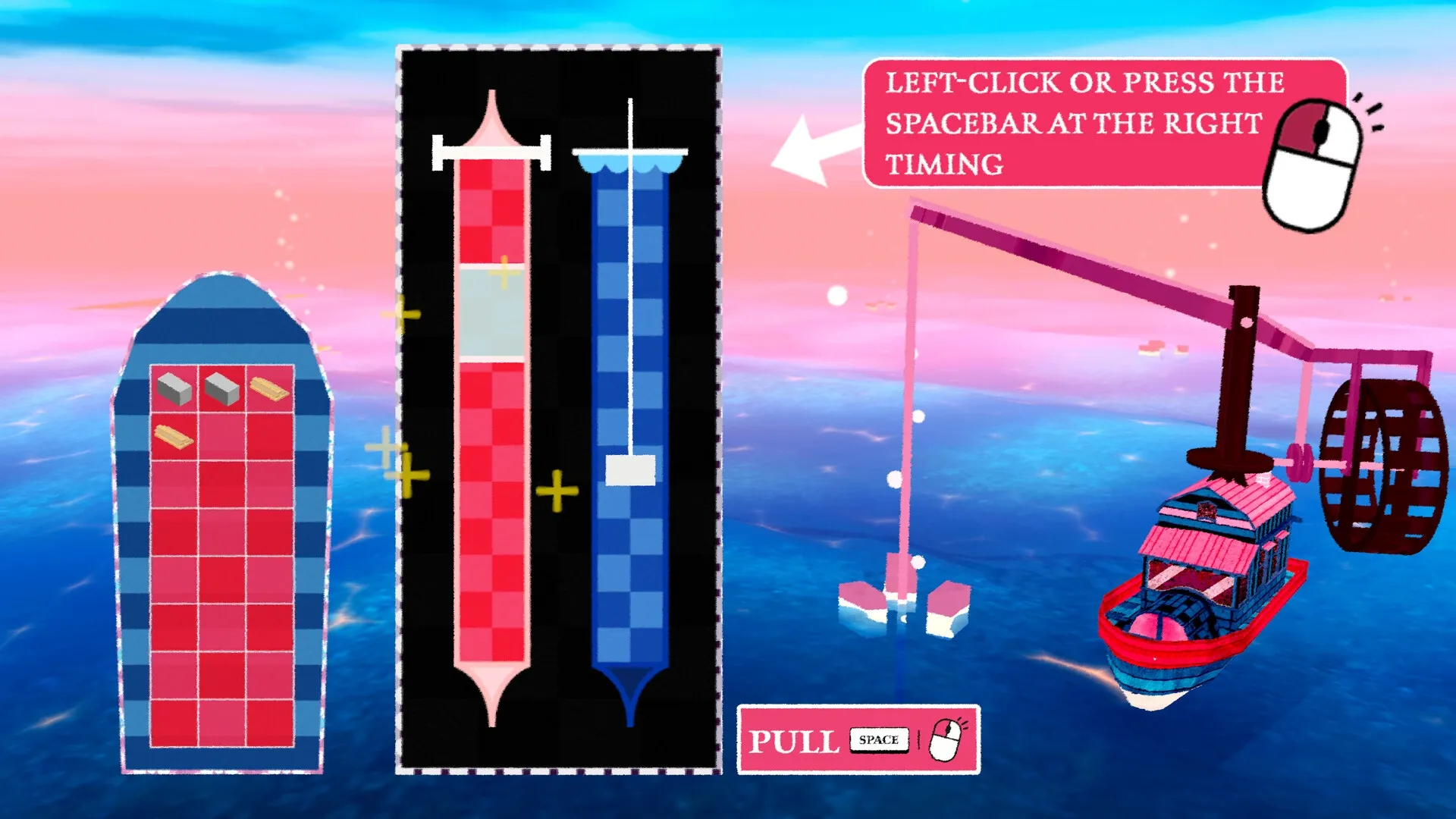 Le Plan Spectral: Timing puzzle with pink and blue bars, crane, and boat over a vibrant ocean setting