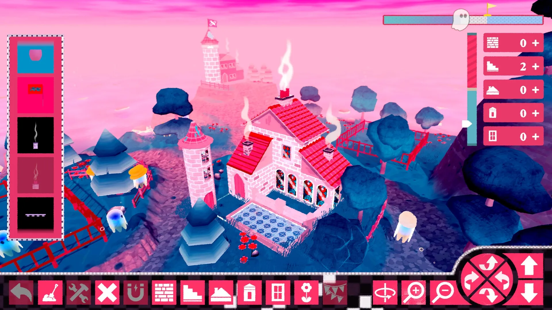 Le Plan Spectral: Ghosts near a castle under construction with UI showing building tools and resources