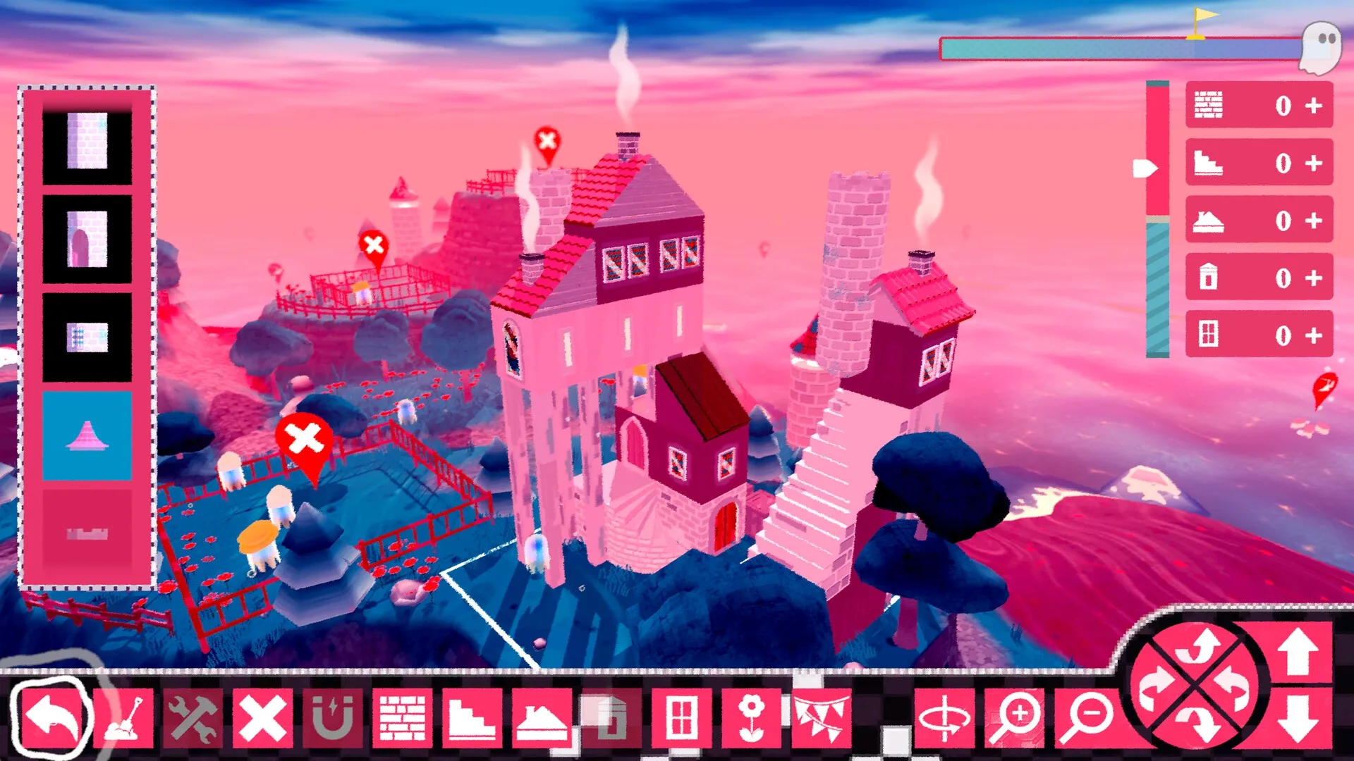 Le Plan Spectral: Ghosts building castles near pink sea with UI showing construction options and tools.