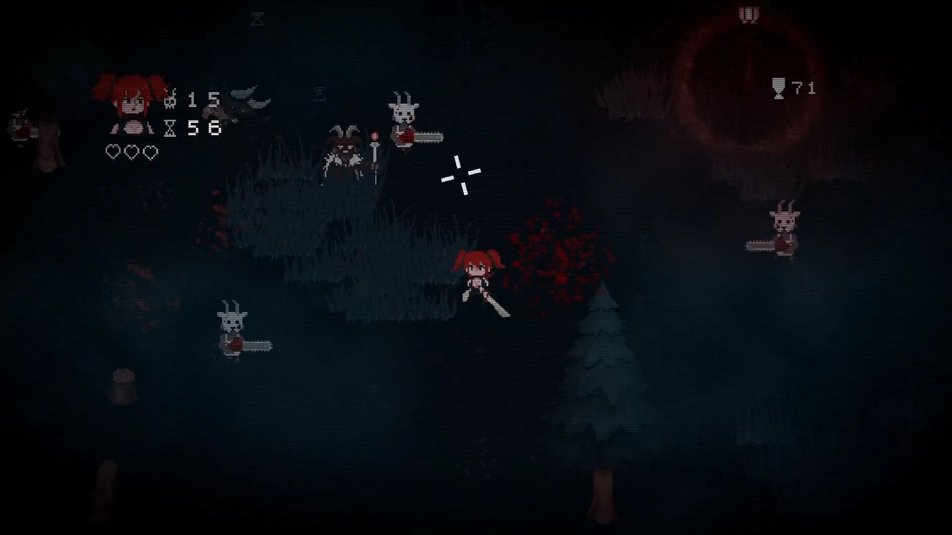 Lead & Blood: Player character battles chainsaw-wielding cultists in a dark forest, UI shows ammo and time.