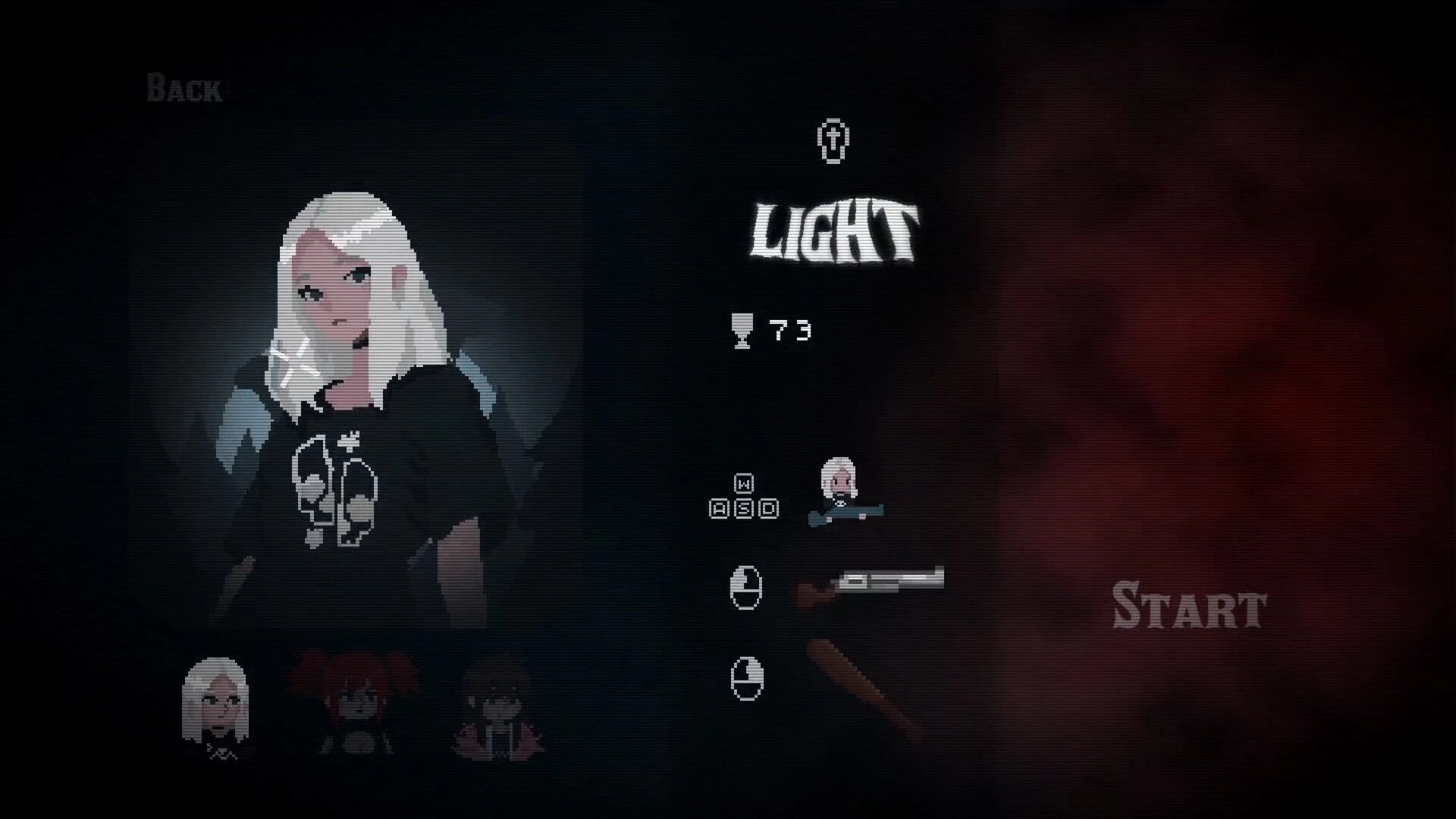 Lead & Blood: Character selection screen featuring Light with weapon stats and start button visible