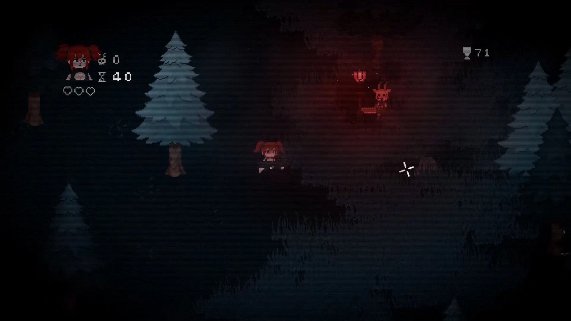 Lead & Blood: Character navigates dark forest with UI showing health, ammo, and score in pixel art style